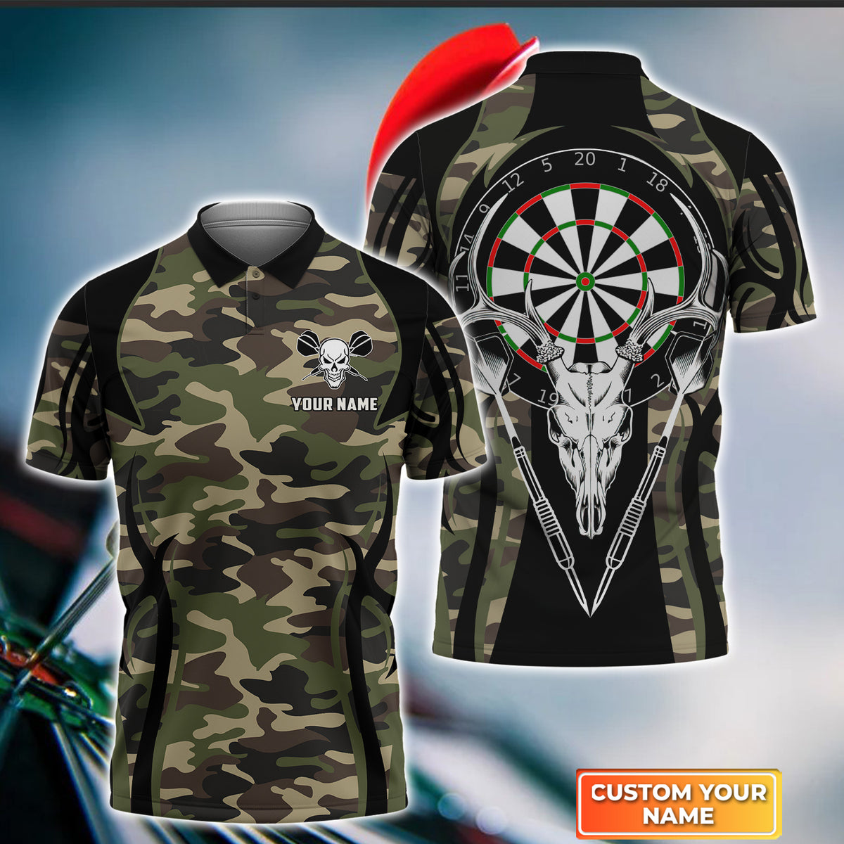 Camo Skull Deer Darts Personalized Name 3d Polo Shirt For Darts Team P Onemoredart 7051