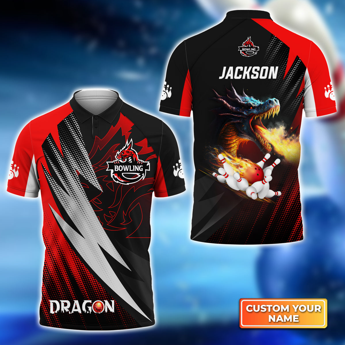 Personalized Bowling Dragon Fire Flame All Over Printed Polo Shirt