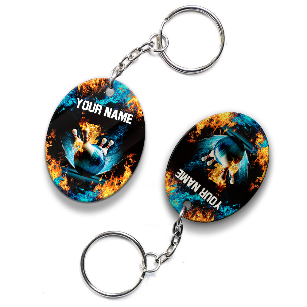 Blue Bowling Ball And Pins On Fire Personalized Name 3D Keychain