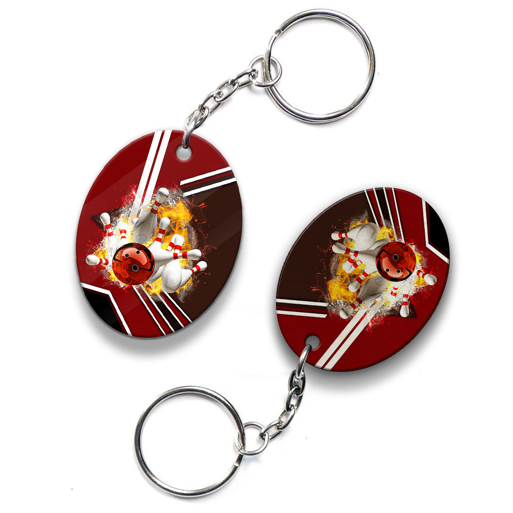 Red Bowling Ball On Fire Crashing Pins Keychain