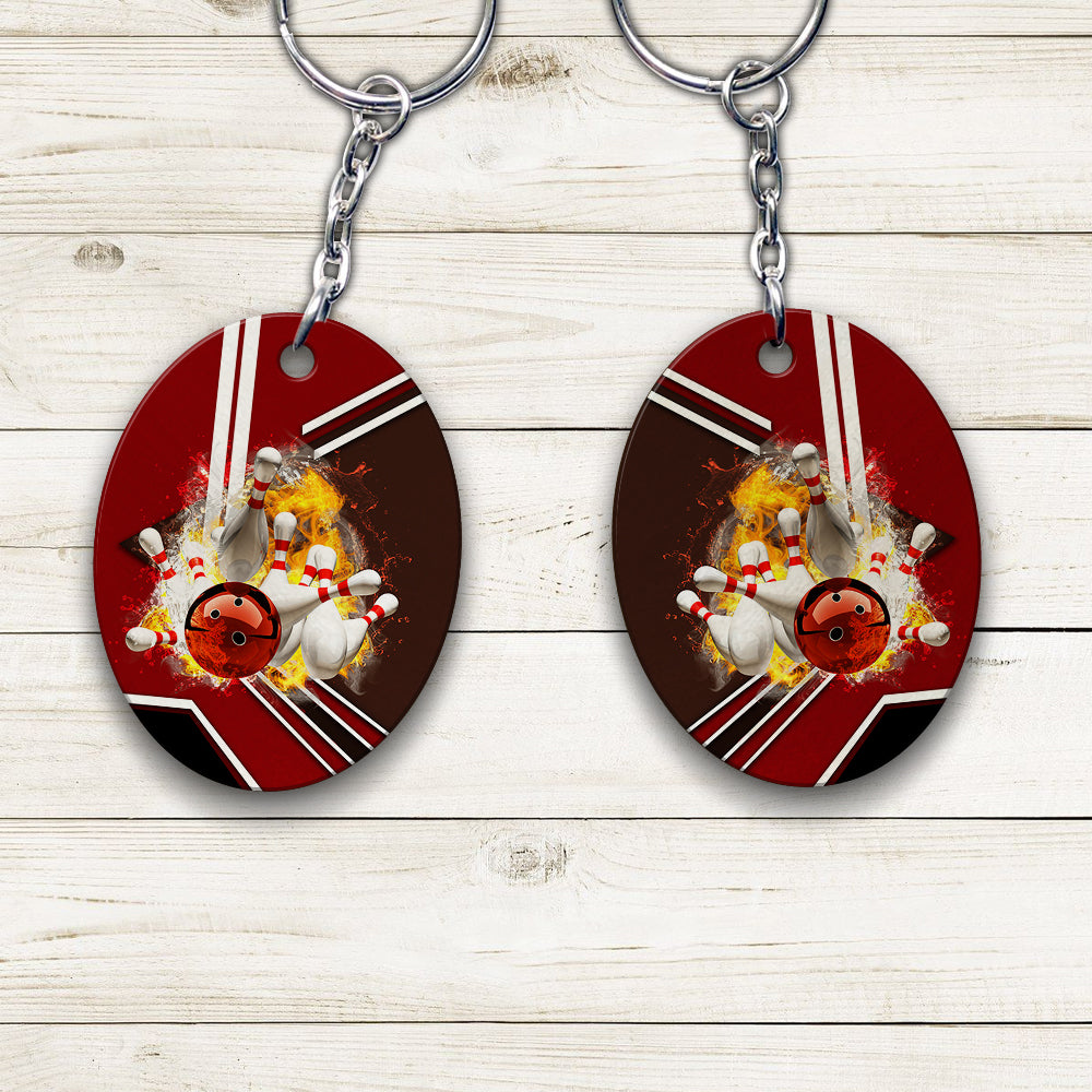 Red Bowling Ball On Fire Crashing Pins Keychain