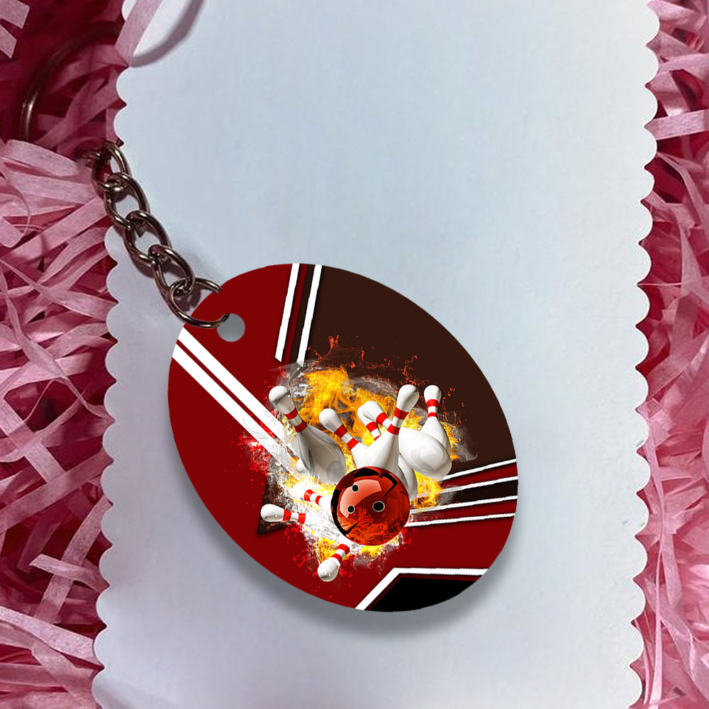 Red Bowling Ball On Fire Crashing Pins Keychain