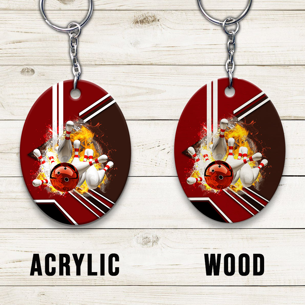 Red Bowling Ball On Fire Crashing Pins Keychain