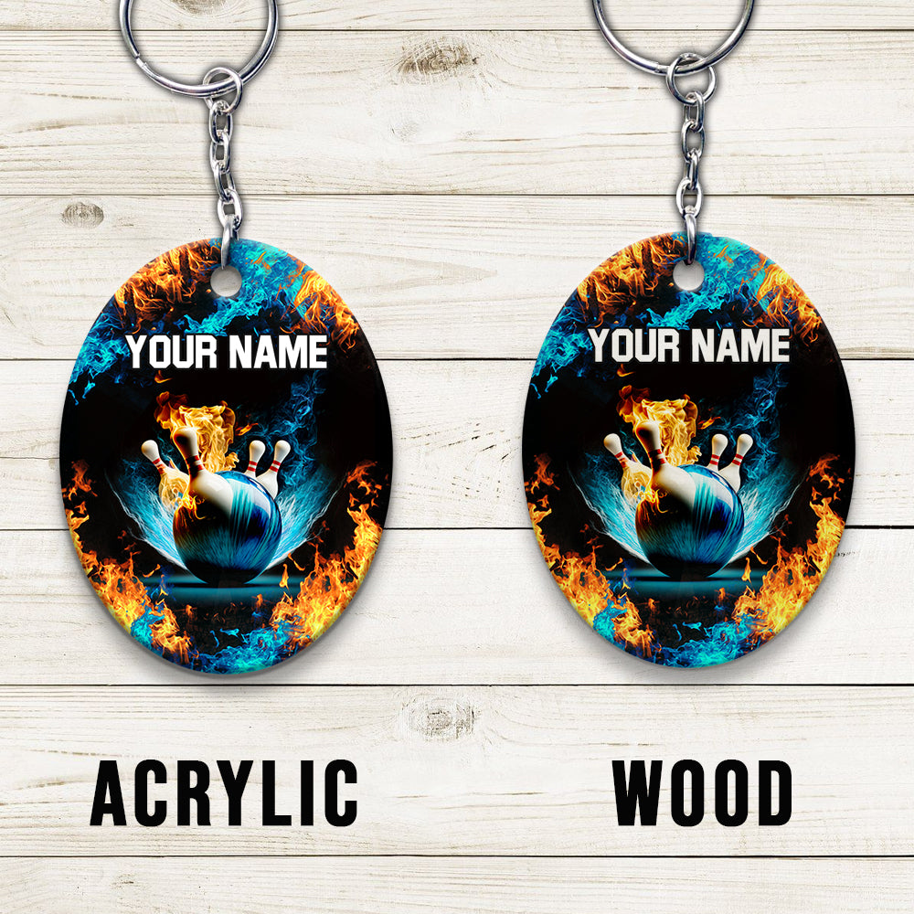 Blue Bowling Ball And Pins On Fire Personalized Name 3D Keychain