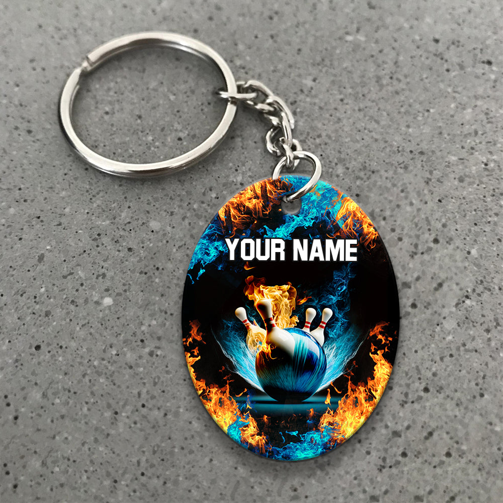 Blue Bowling Ball And Pins On Fire Personalized Name 3D Keychain