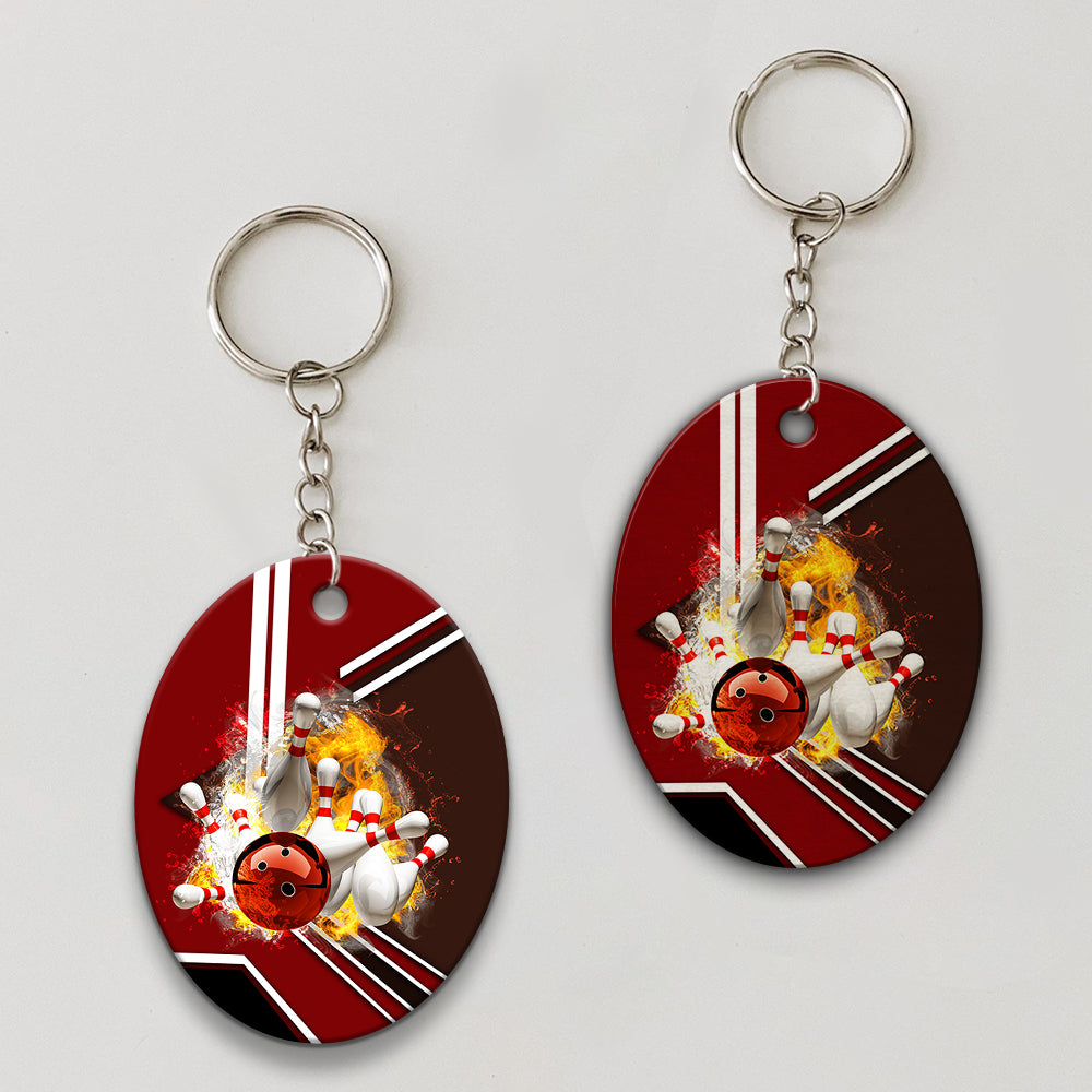 Red Bowling Ball On Fire Crashing Pins Keychain