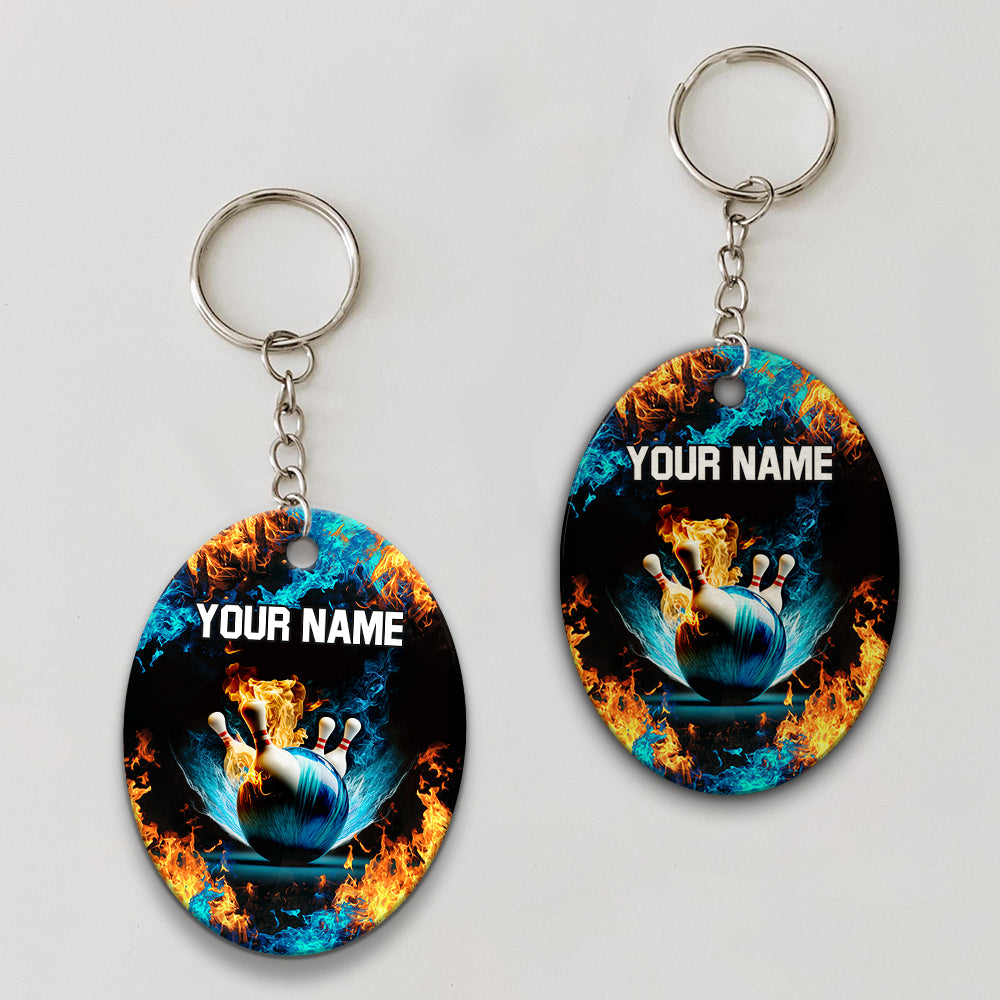 Blue Bowling Ball And Pins On Fire Personalized Name 3D Keychain