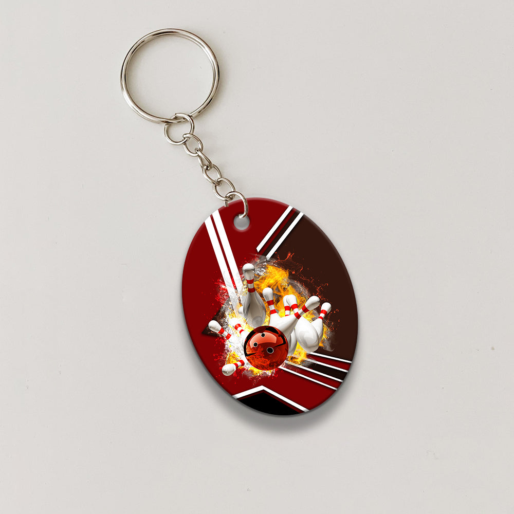 Red Bowling Ball On Fire Crashing Pins Keychain