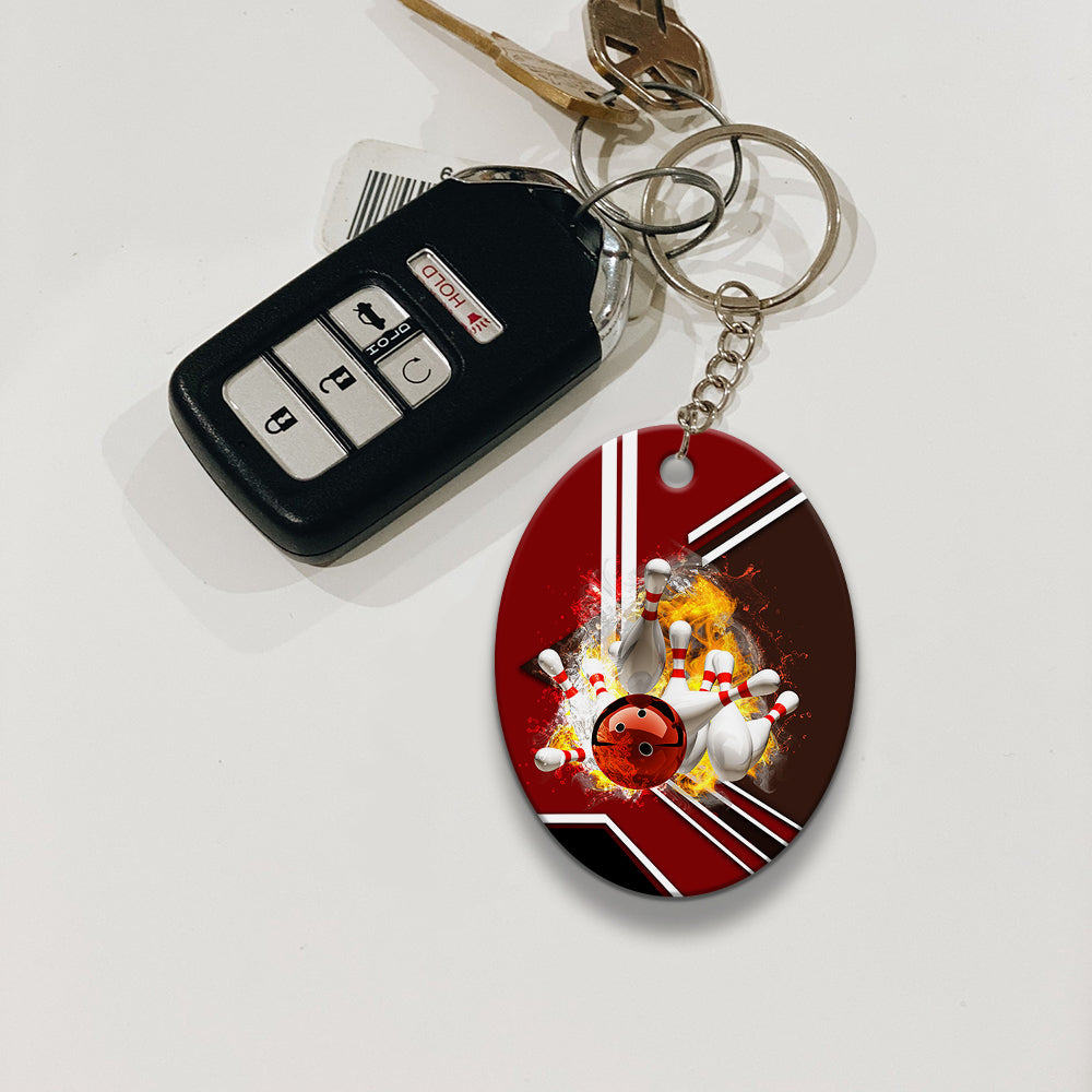 Red Bowling Ball On Fire Crashing Pins Keychain