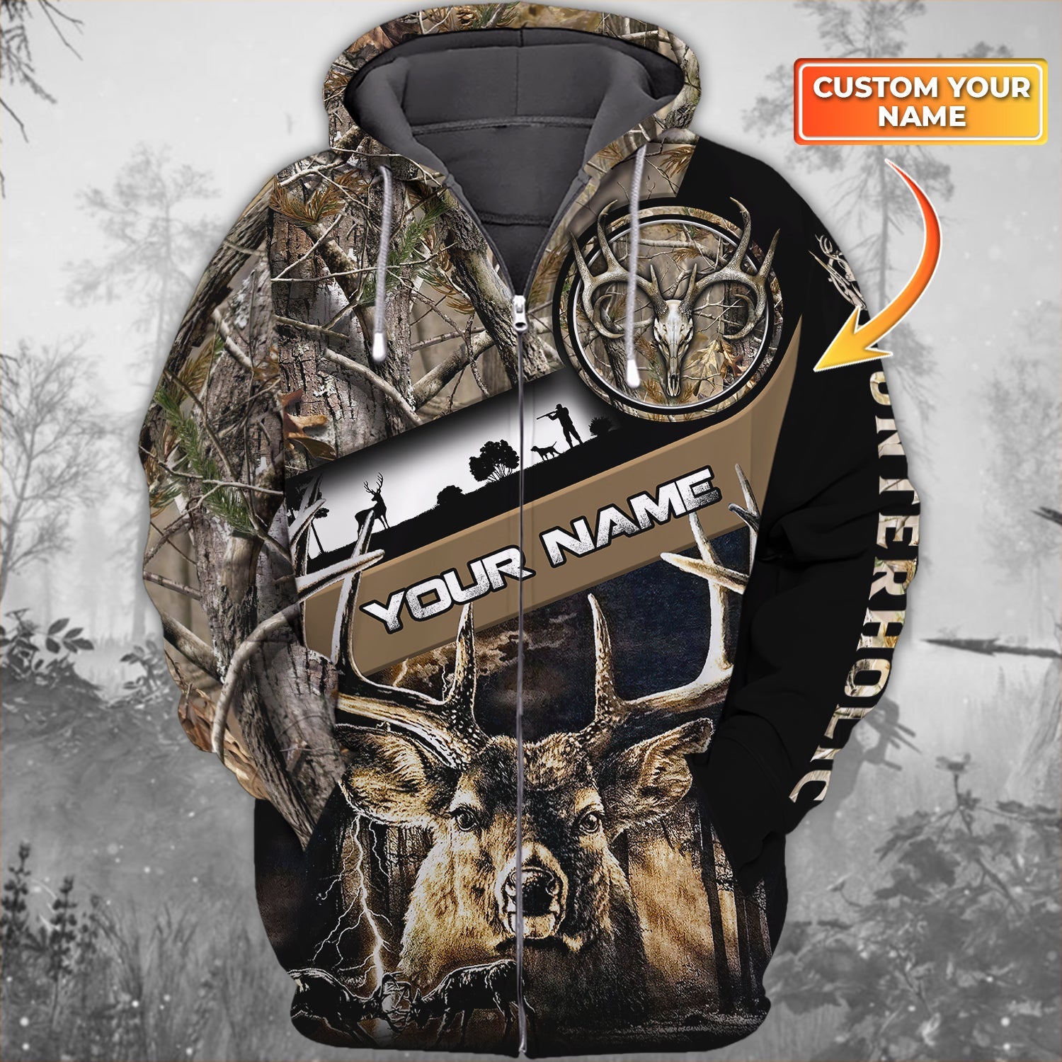 Deer Hunting Personalized Name 3D Zipper Hoodie 154, Nvc97