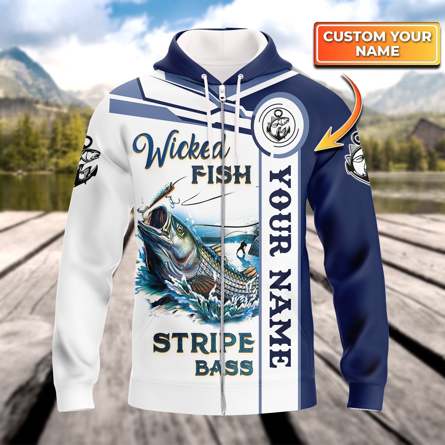 Wicked Fish Striped Bass - Personalized Name 3D Zipper Hoodie