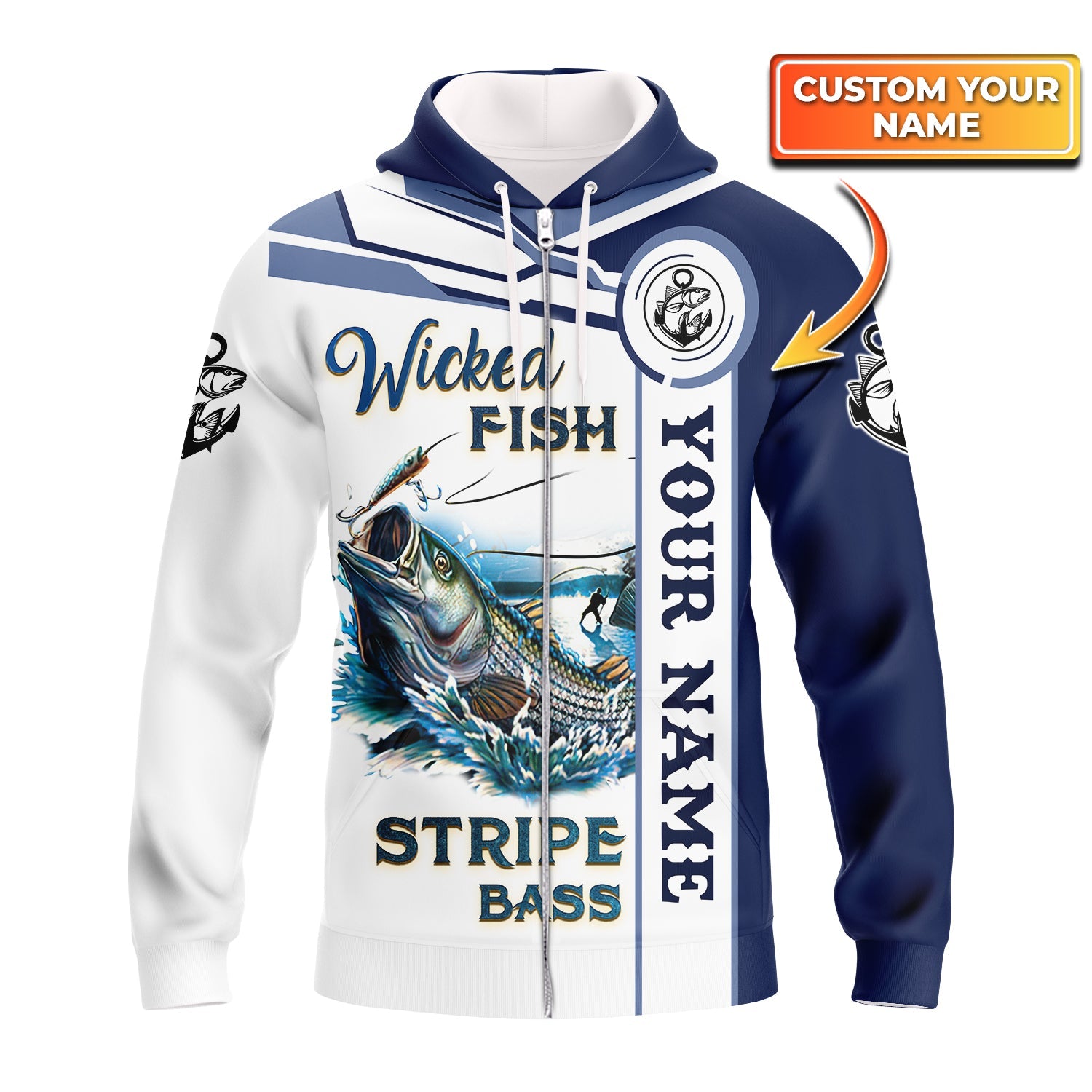Wicked Fish Striped Bass - Personalized Name 3D Zipper Hoodie