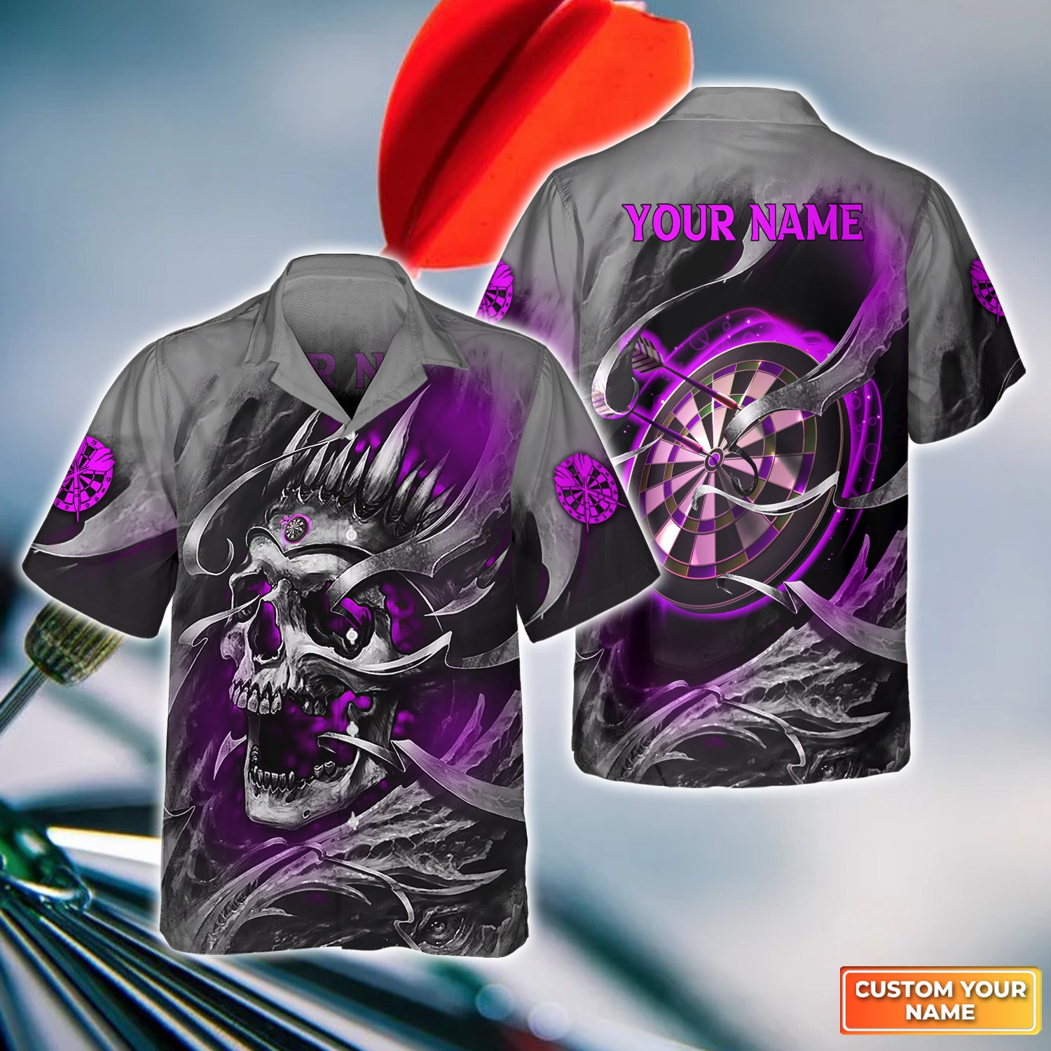 Purple Skull Dartboard Personalized Name 3D Skull And Darts Hawaiian Shirt For Dart Team Player Tad