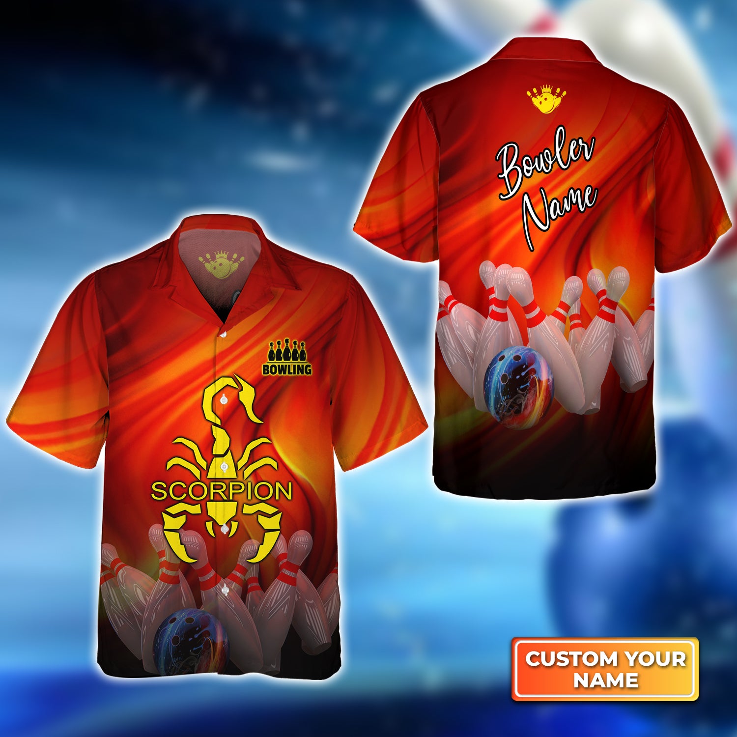 Orange Bowling Jersey Scorpion Personalized Name 3D Hawaiian Shirt QB95 Gift For Bowler