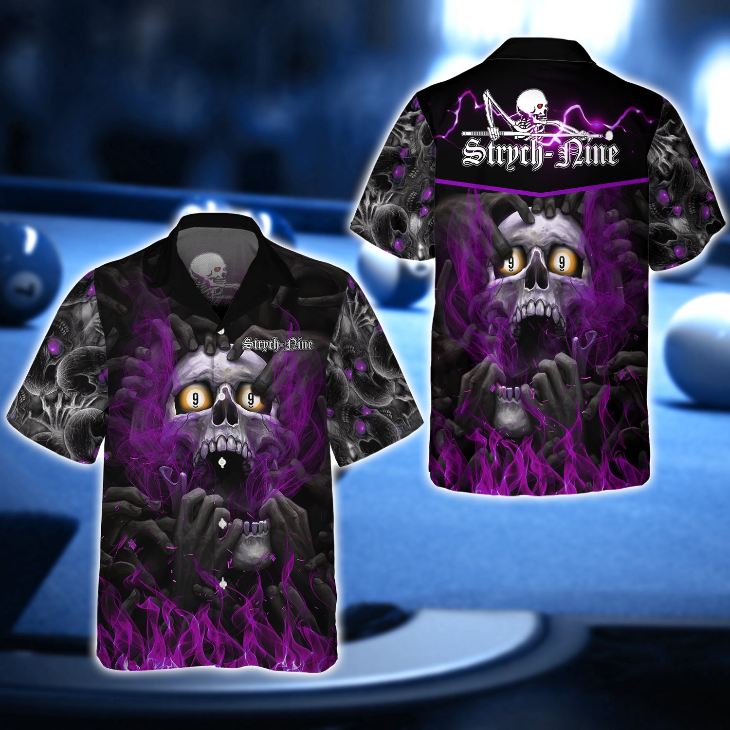 [Purple] Strych-Nine Pool 8 Ball Skull On Fire 3D Shirt - QB95