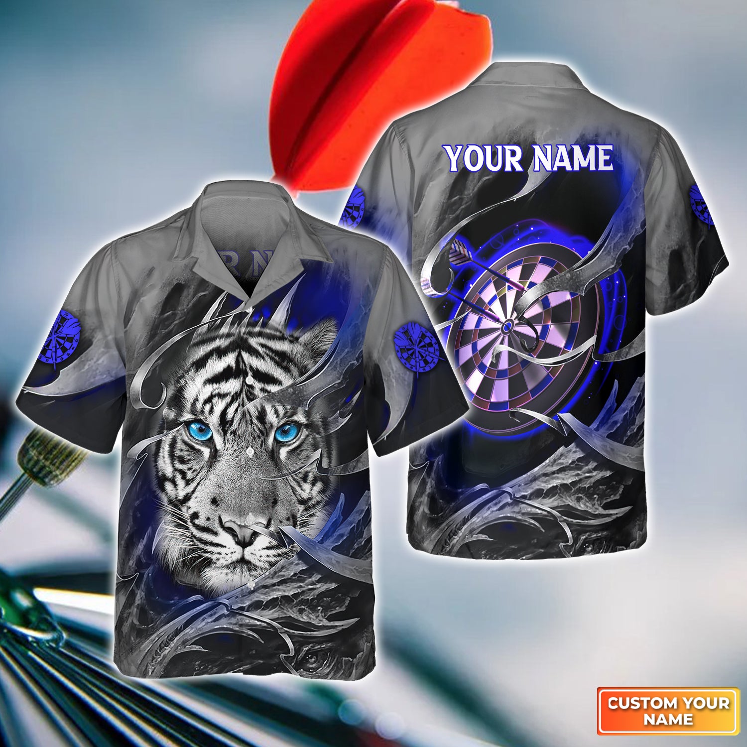 Blue Bullseye Dartboard Personalized Name & Team Name 3D Tiger And Darts Shirts For Dart Team Player Tad