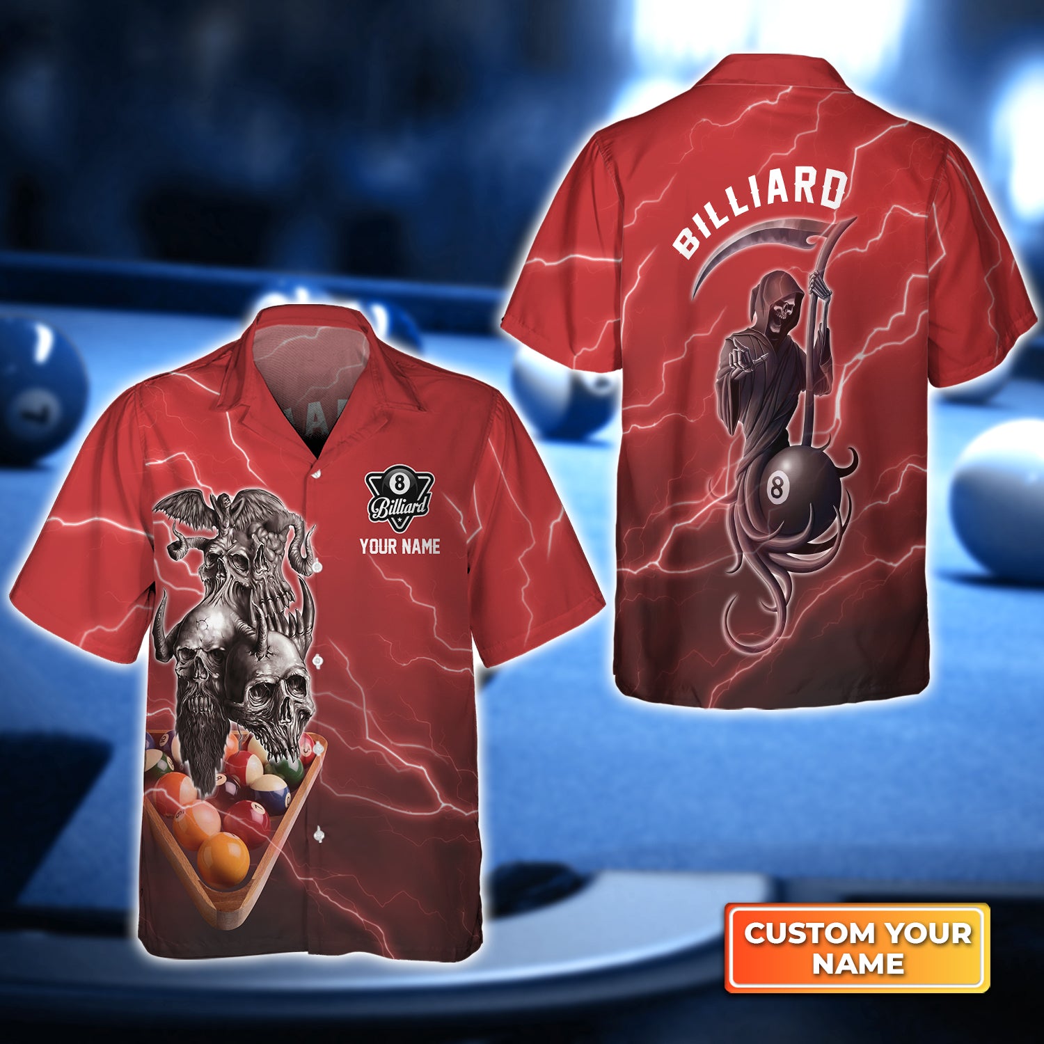 Pool 8 Ball Death In Red Lightning Personalized Name 3D Hawaiian Shirt For Billiard Players QB95