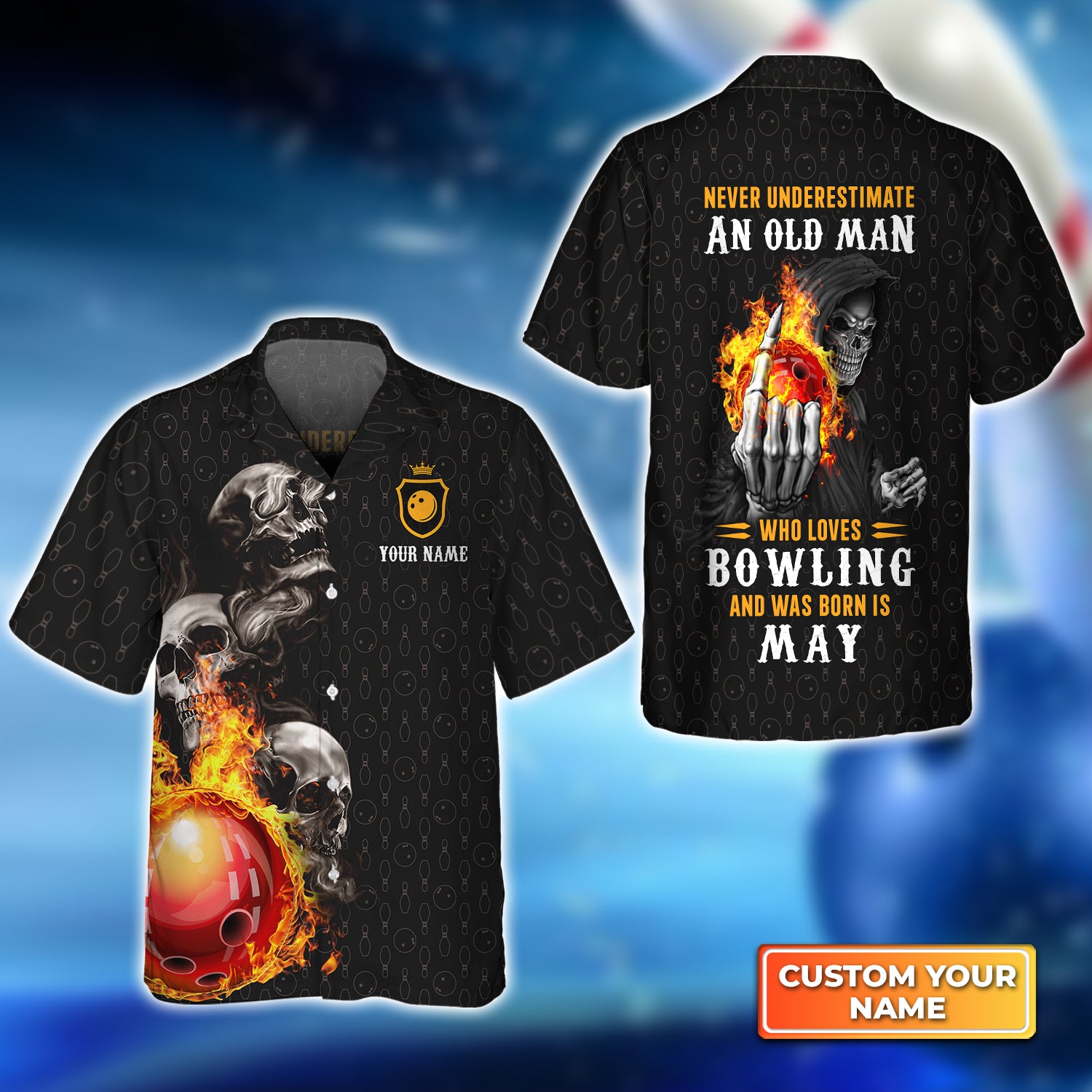 Bowling Skull Never Underestimate An Old Man Who Loves Bowling And Was Born In May Personalized Name 3D Hawaiian Shirt QB95