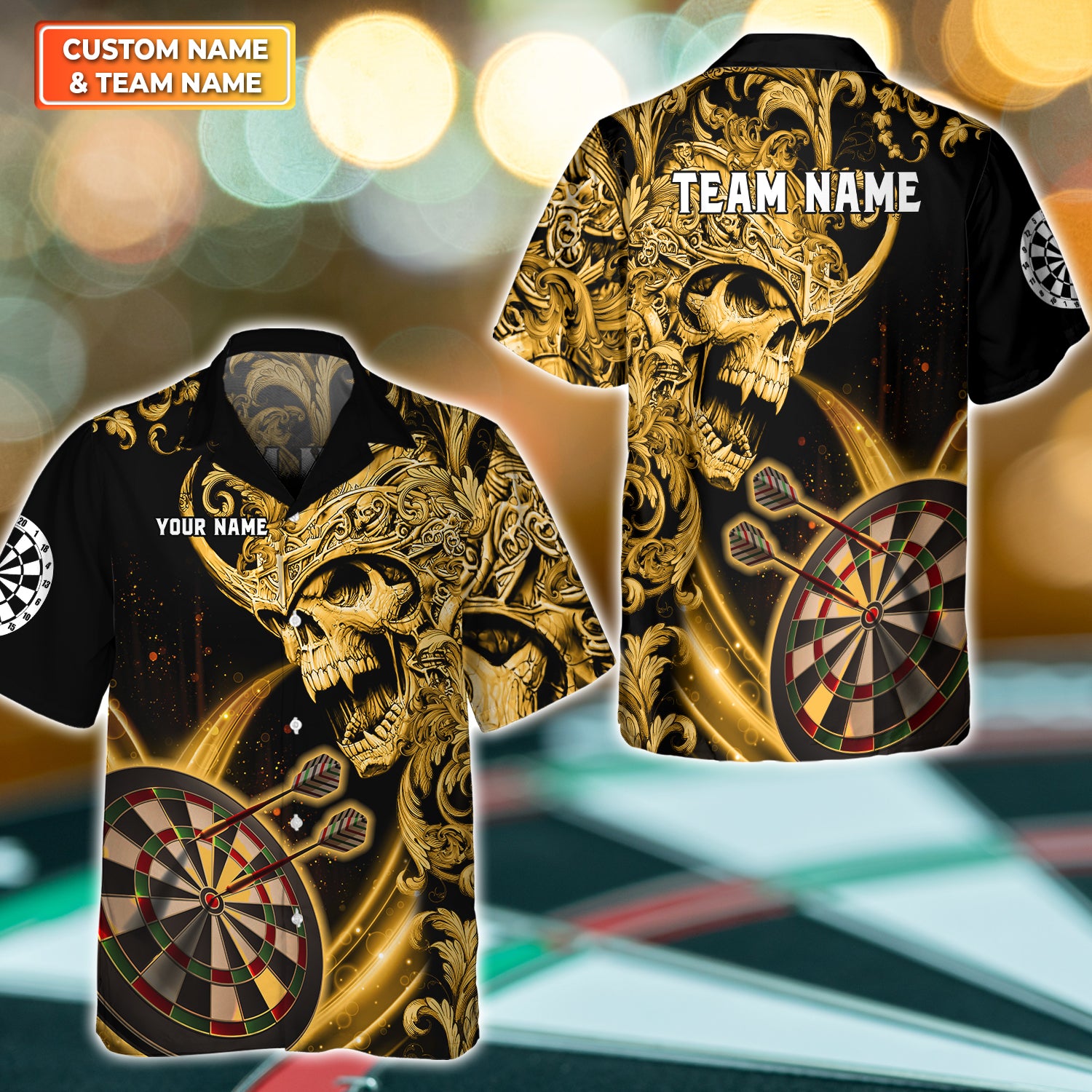 Darts Warrior Gold Personalized Name & Team Name 3D Shirts For Dart Team Player Tad