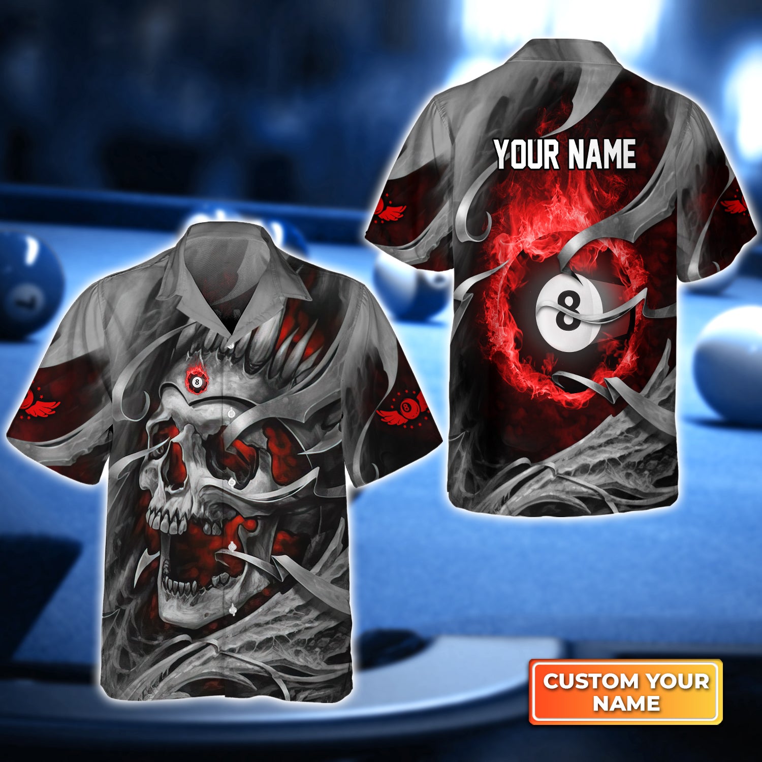 Grim Reaper Billiard Red Skull Personalized Name 3D Hawaiian Shirt For Billiard Players QB95