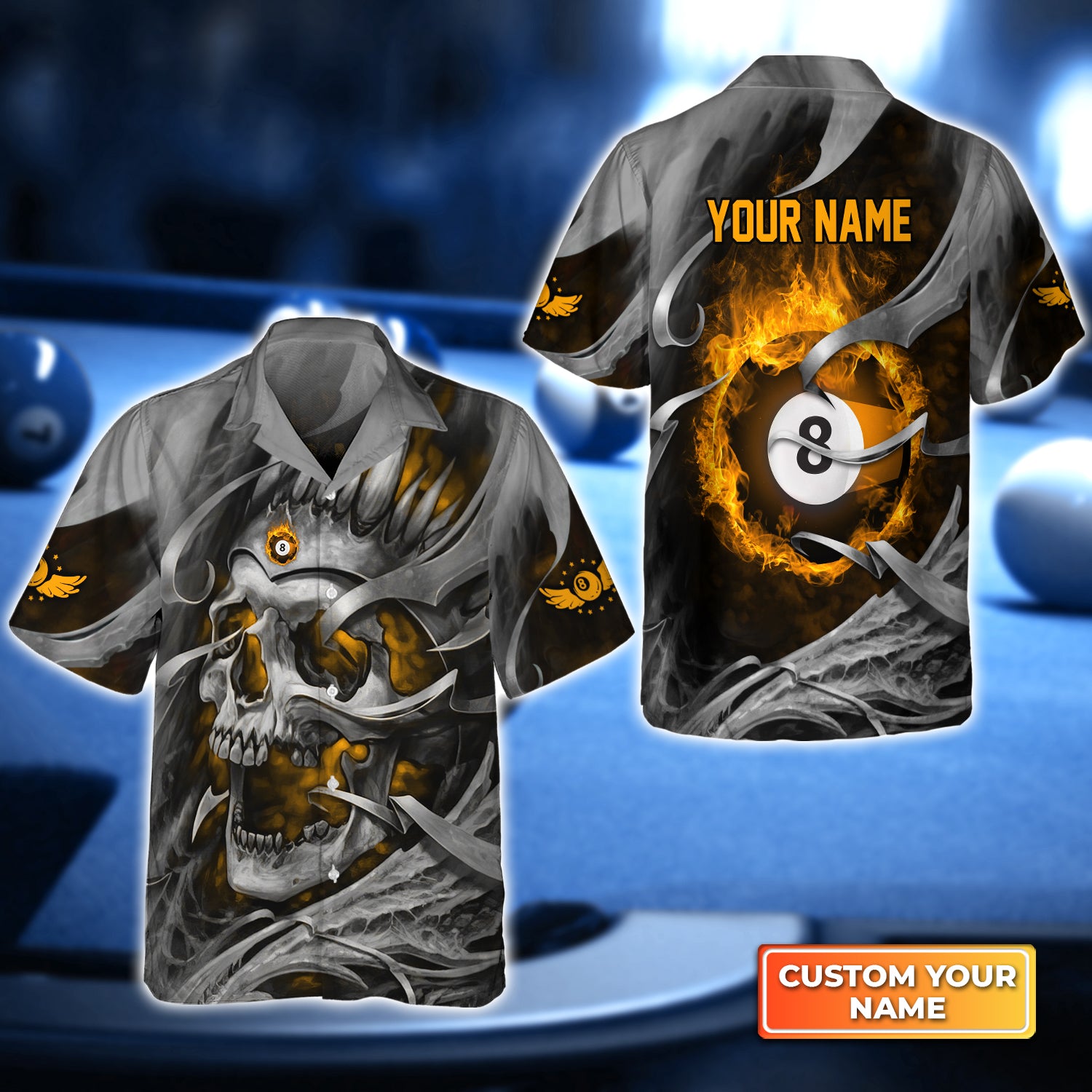 Yellow Skull Reaper Pool 8 Ball Personalized Name 3D Hawaiian Shirt For Billiard Players QB95