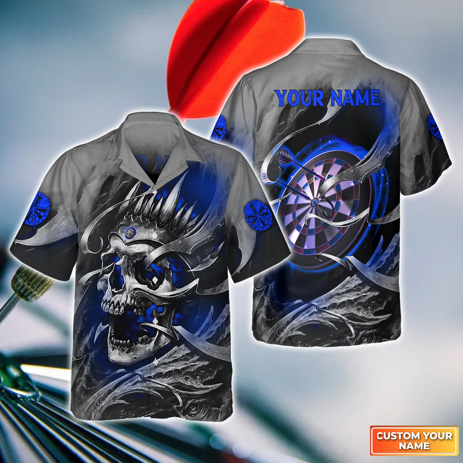 Blue Skull Dartboard Personalized Name 3D Skull And Darts Hawaiian Shirt For Dart Team Player Tad