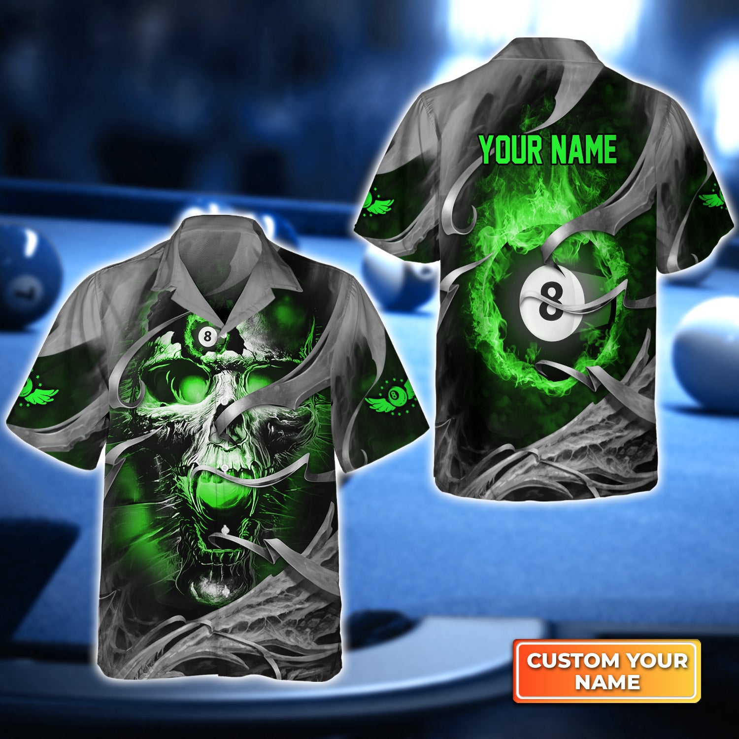 Green Skull Reaper Pool 8 Ball Personalized Name 3D Hawaiian Shirt For Billiard Players QB95