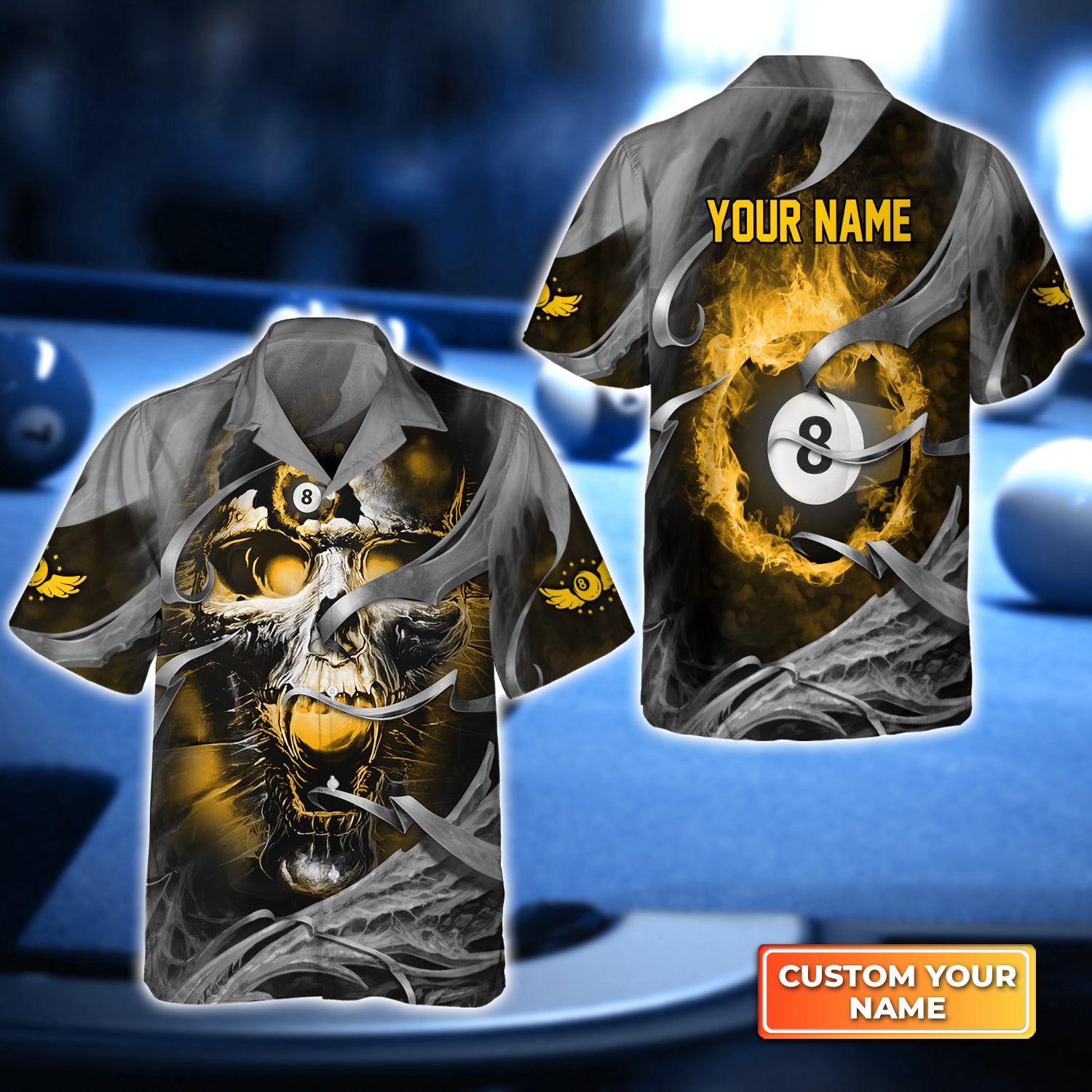 Billiard Pool 8 Ball Skull Reaper Yellow Fire On Metal Pattern Personalized Name 3D Hawaiian Shirt For Billiard Players QB95