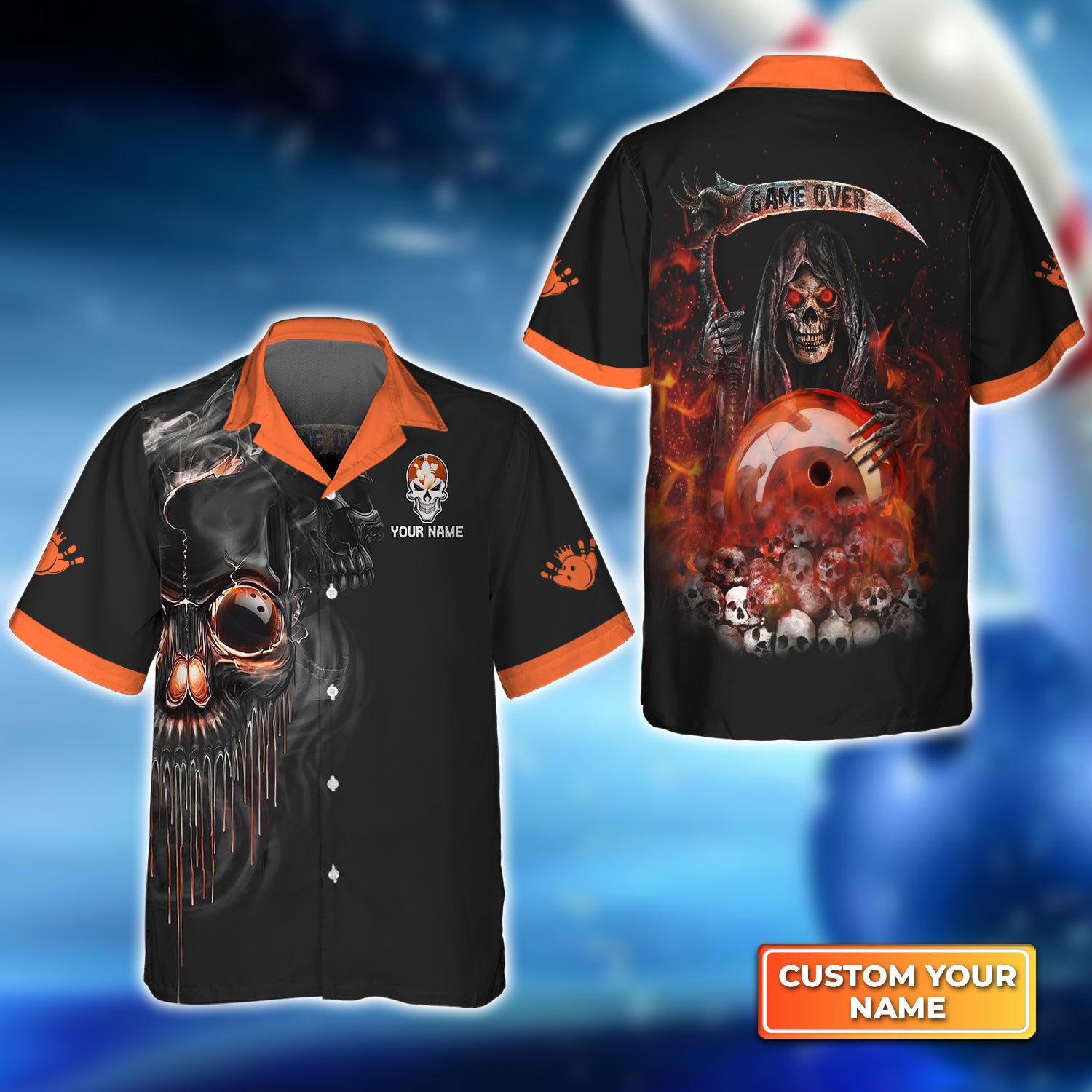 Orange Grim Reaper Bowling Personalized Name 3D Hawaiian Shirt QB95 Gift For Bowler