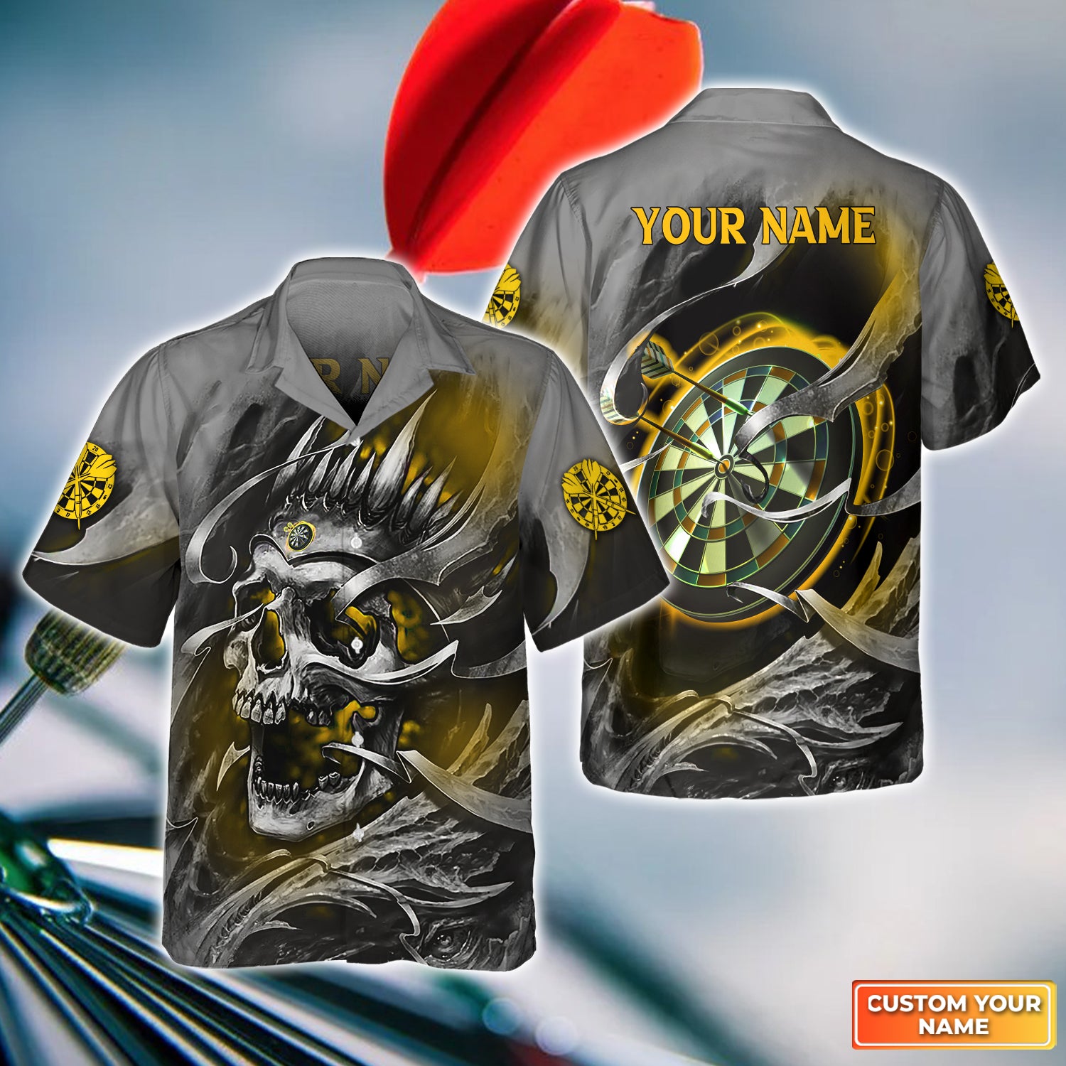 Gold Skull Dartboard Personalized Name 3D Skull And Darts Hawaiian Shirt For Dart Team Player Tad