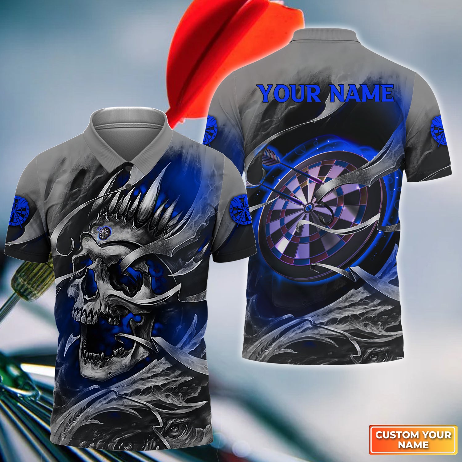 Blue Skull Dartboard Personalized Name 3D Skull And Darts Polo Shirt For Dart Team Player Tad