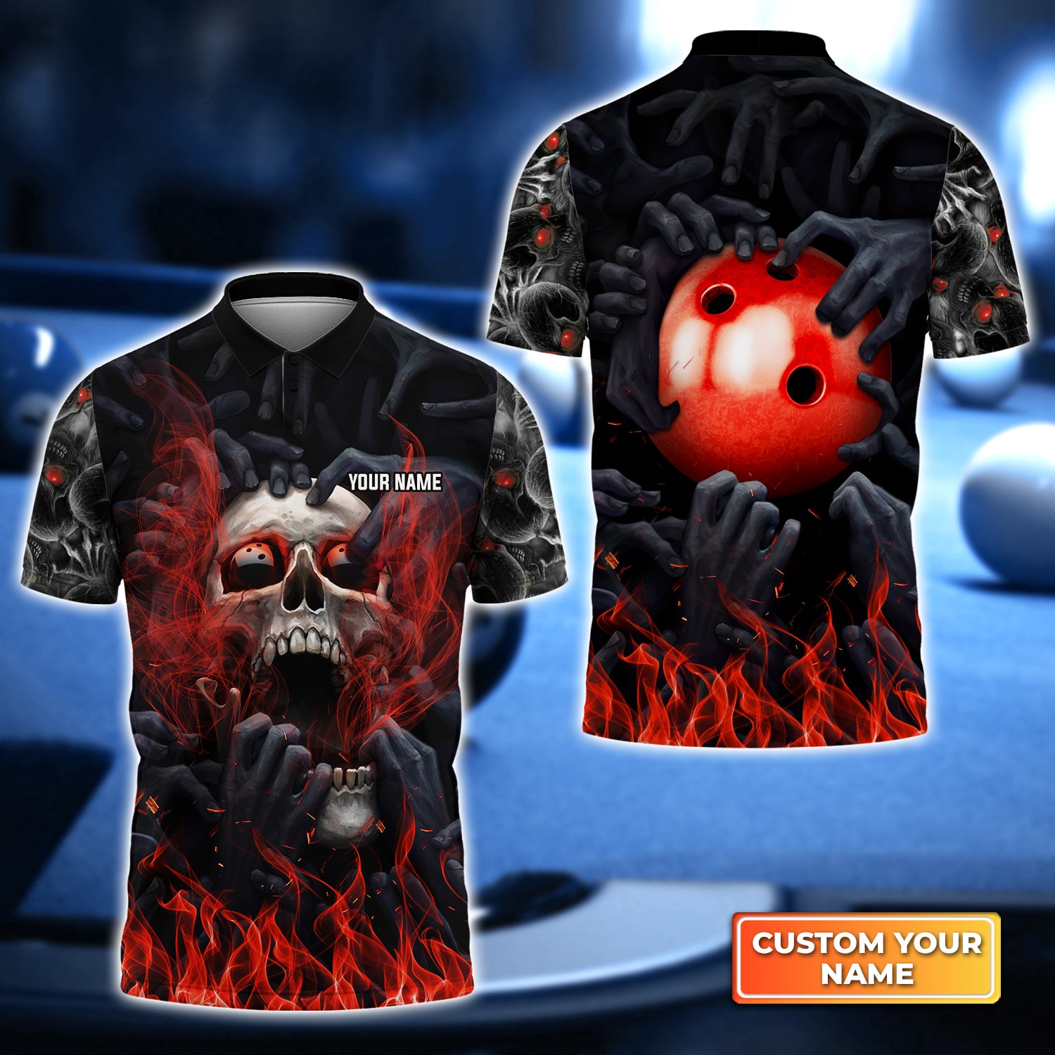 Red Bowling Ball Smoke Skull Reaper Personalized Name 3D Polo Shirt QB95 Gift For Bowler