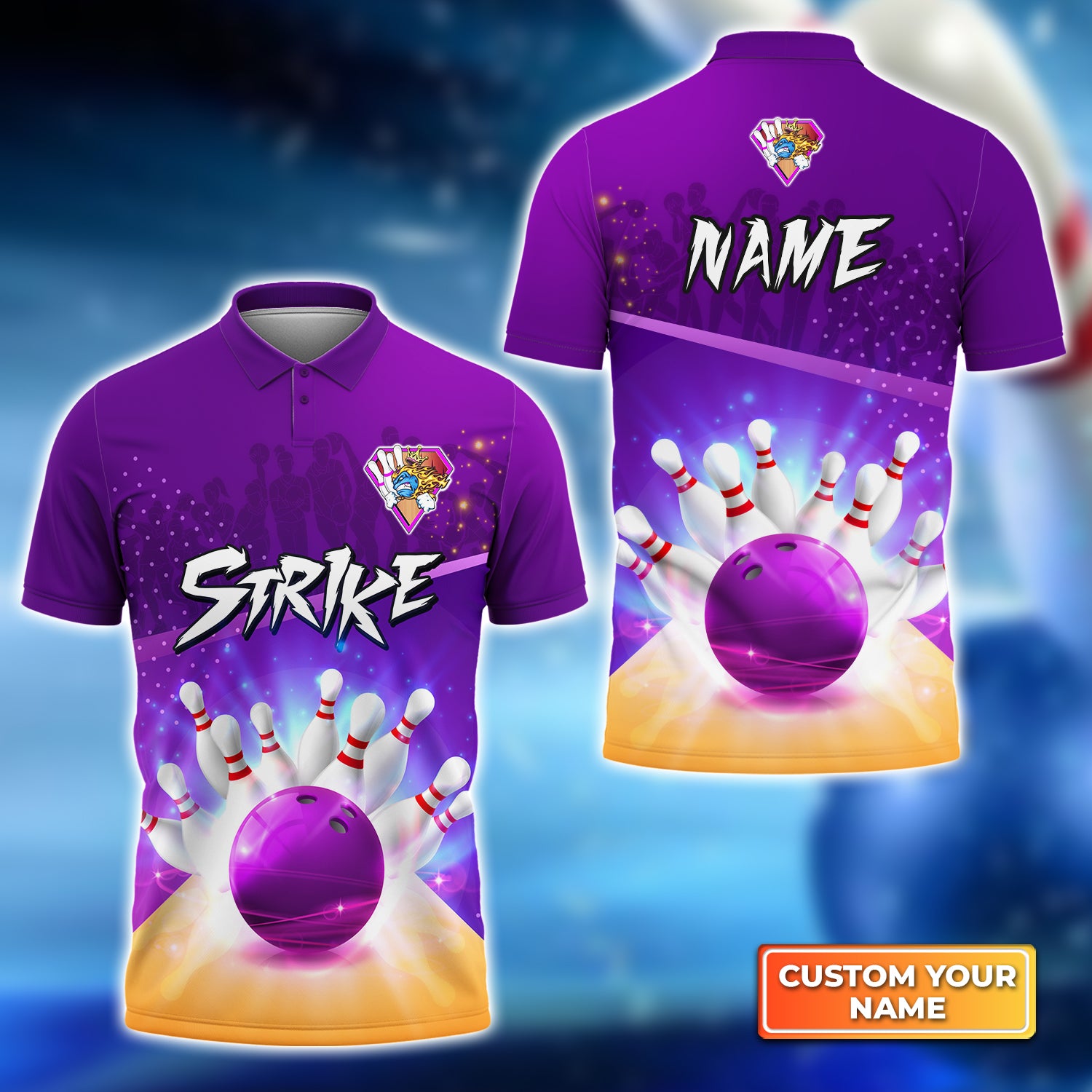 3D Customized Bowling Strike Pin And Purple Ball Polo Shirt Gift For Bowlers