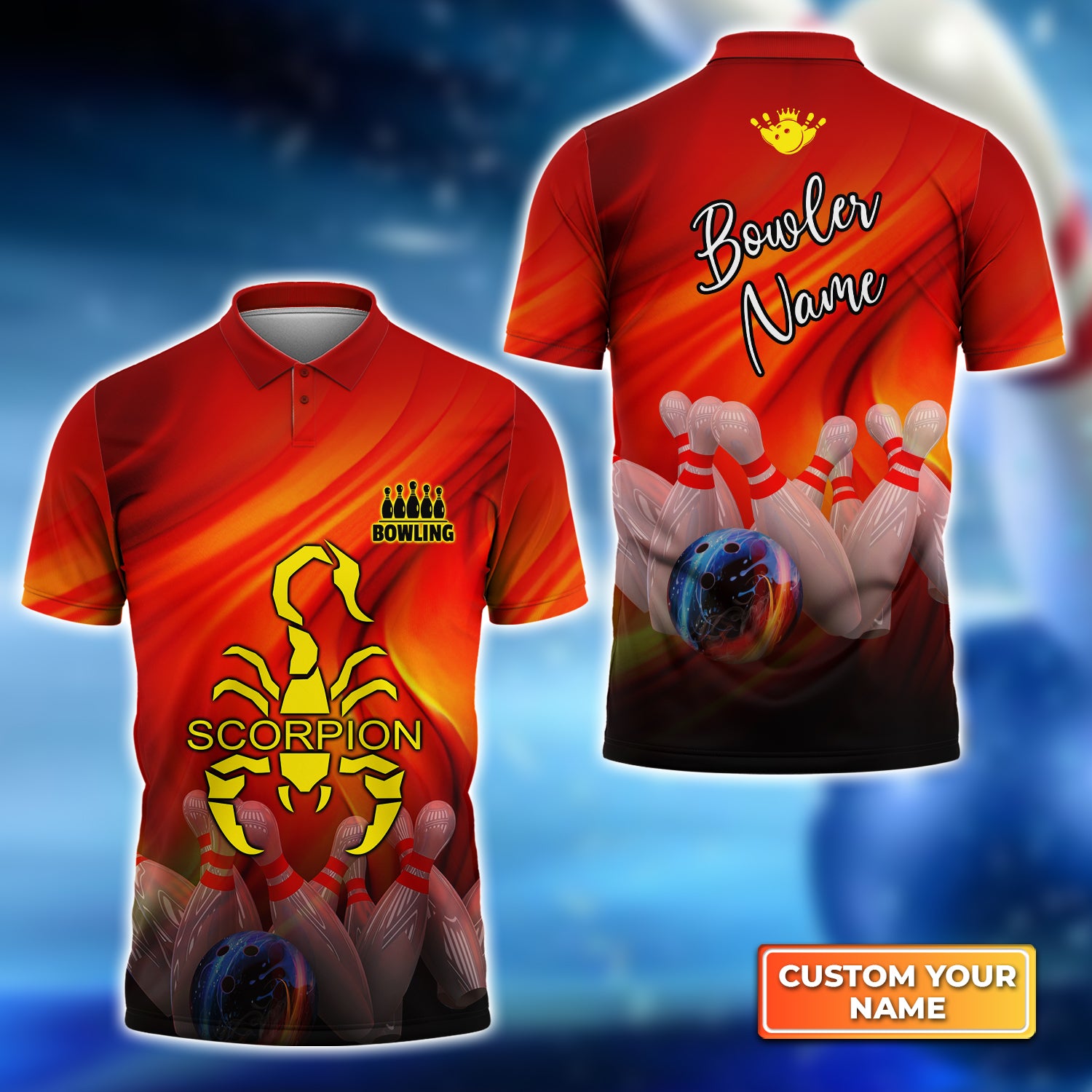 Orange Bowling Jersey Scorpion Personalized Name 3D Polo Shirt QB95 Gift For Bowler