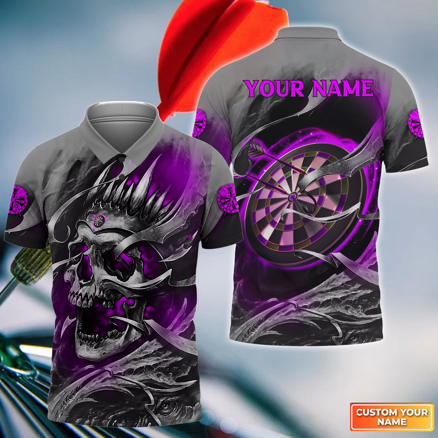 Purple Skull Dartboard Personalized Name 3D Skull And Darts Polo Shirt For Dart Team Player Tad