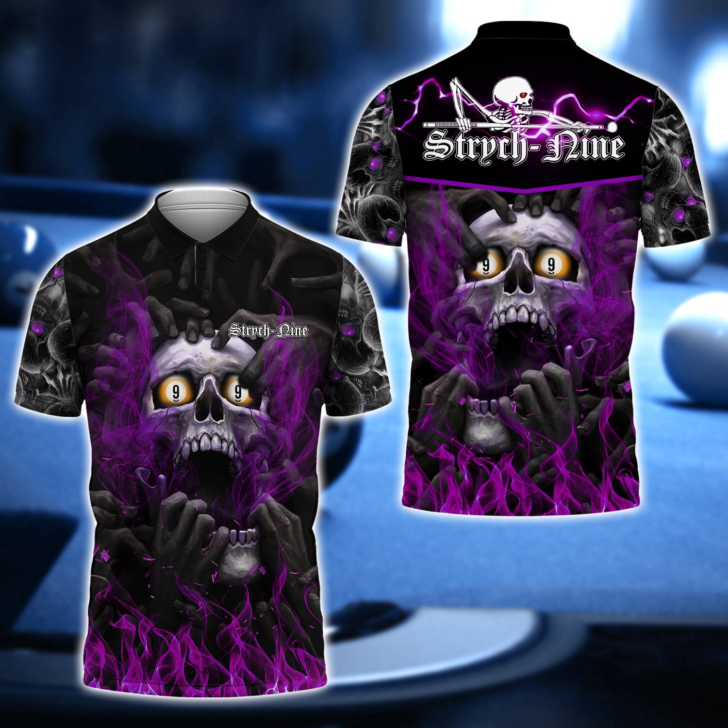 [Purple] Strych-Nine Pool 8 Ball Skull On Fire 3D Shirt - QB95