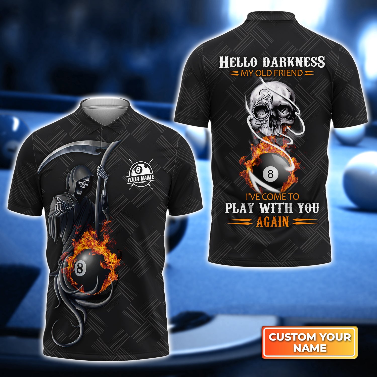 Grim Reaper Billiard Pool 8 Ball Hello Darkness My Old Friend Personalized Name 3D Polo Shirt Gift For Billiard Players QB95