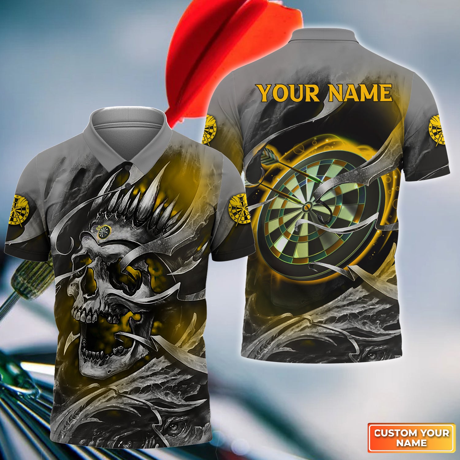 Gold Skull Dartboard Personalized Name 3D Skull And Darts Polo Shirt For Dart Team Player Tad