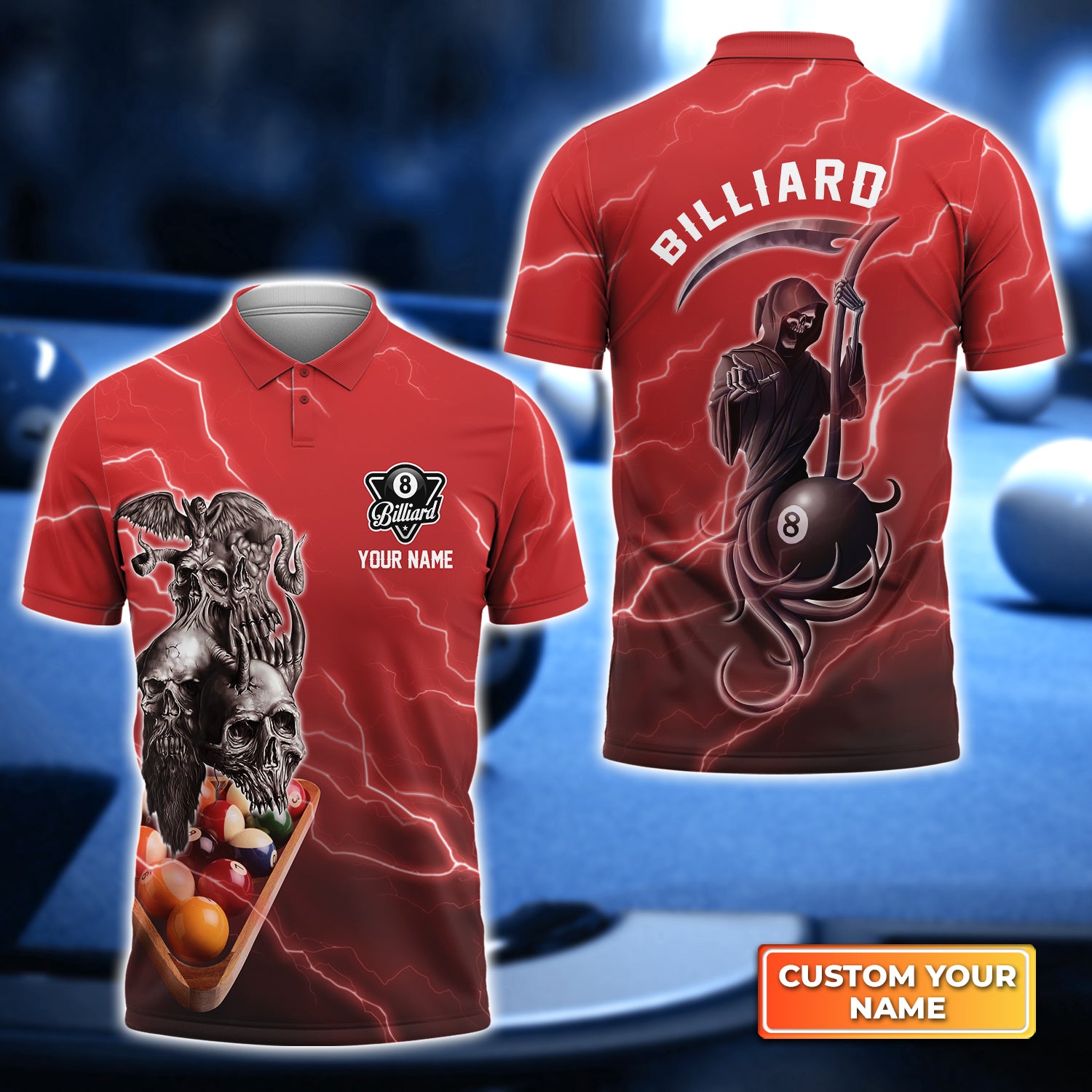 Pool 8 Ball Death In Red Lightning Personalized Name 3D Polo Shirt Gift For Billiard Players QB95