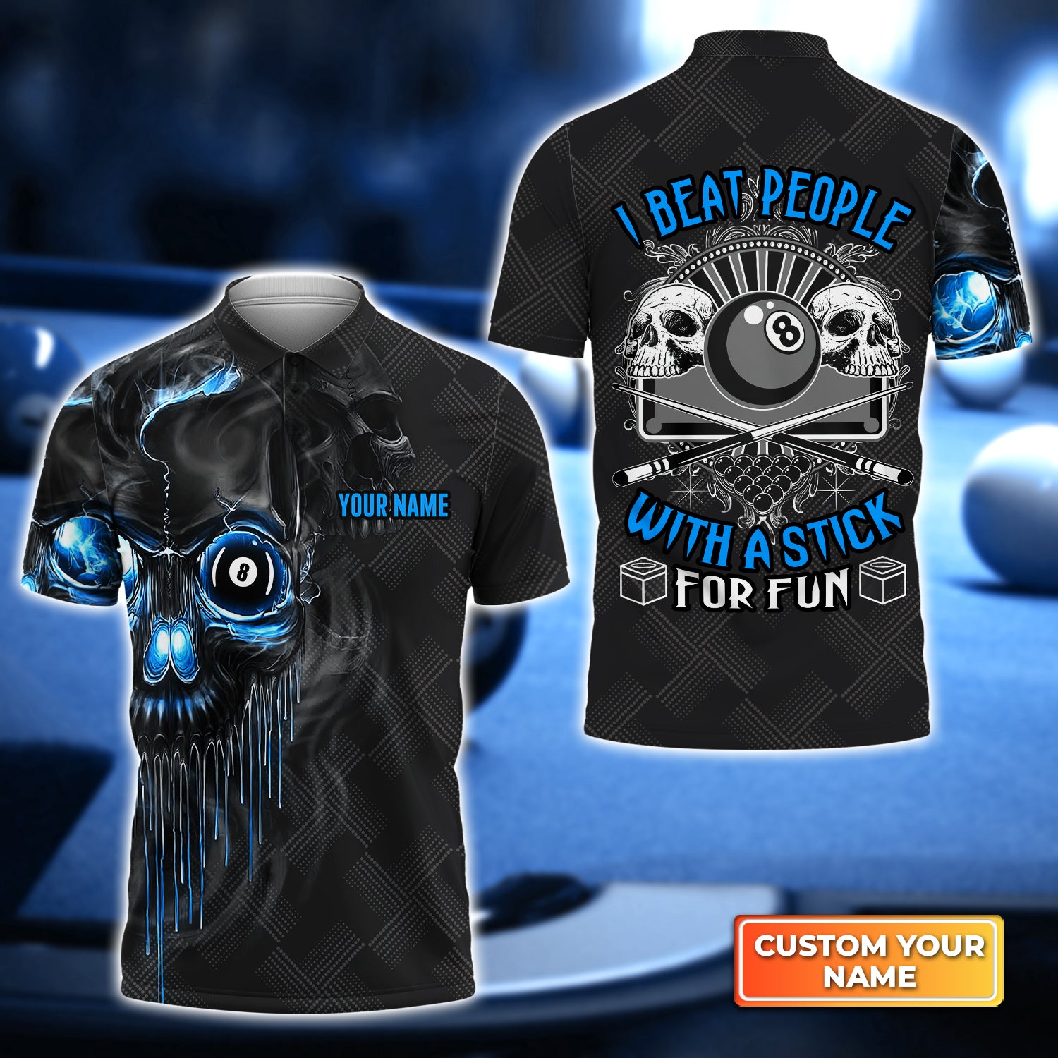 Blue Skull Pool 8 Ball I Beat People With A Stick For Fun Personalized Name 3D Polo Shirt Gift For Billiard Players QB95