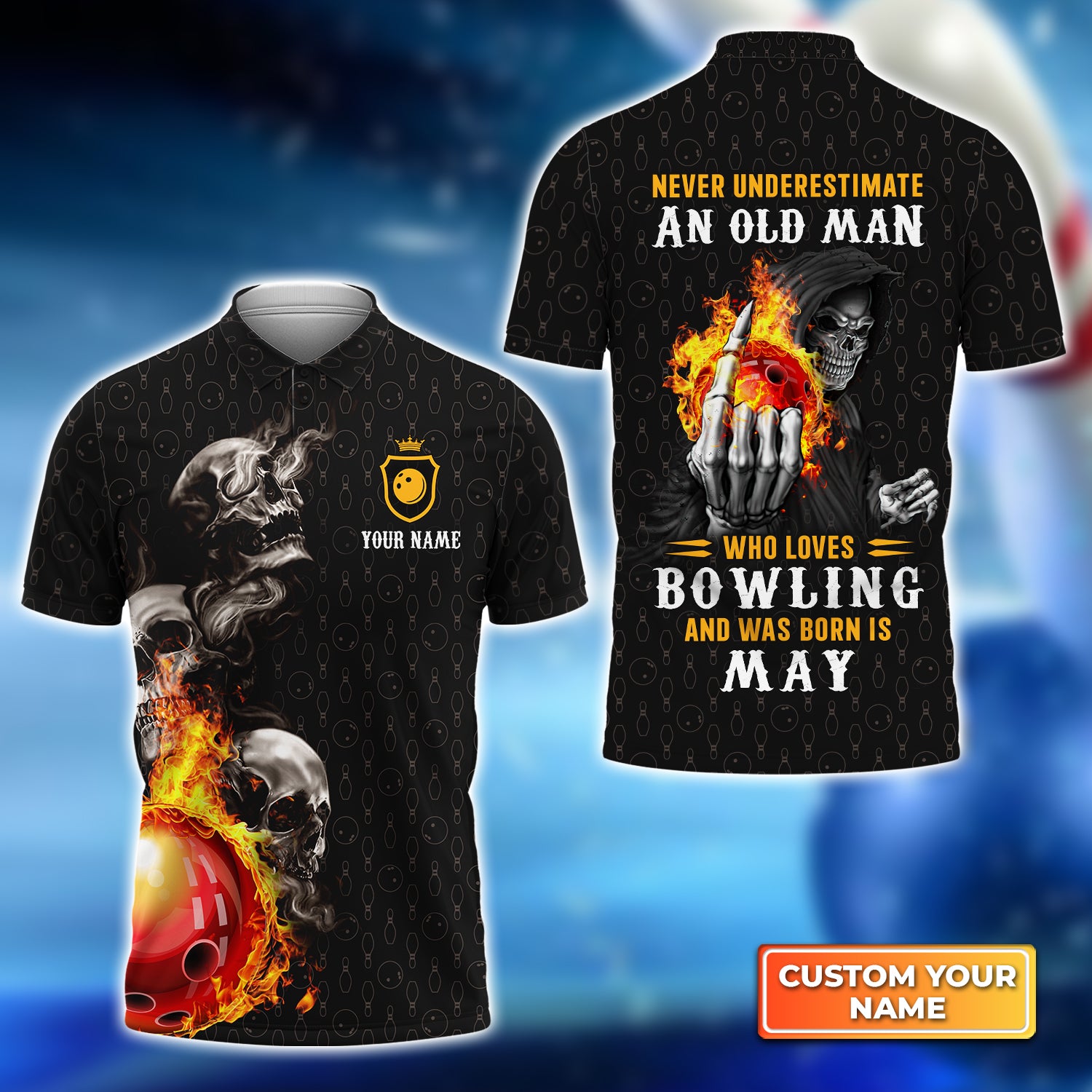 Bowling Skull Never Underestimate An Old Man Who Loves Bowling And Was Born In May Personalized Name 3D Polo Shirt QB95 Gift For Bowler