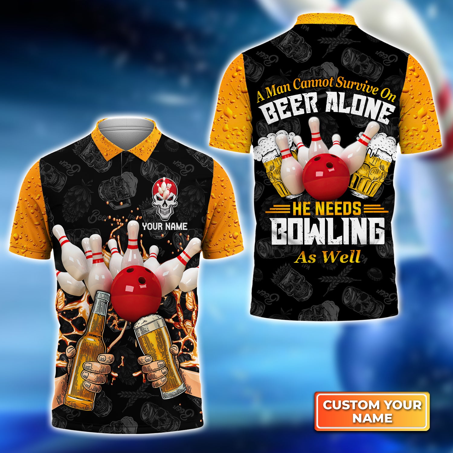 A Man Cannot Survive On Beer Alone He Needs Bowling As Well Personalized Name 3D Polo Shirt QB95 Gift For Bowler