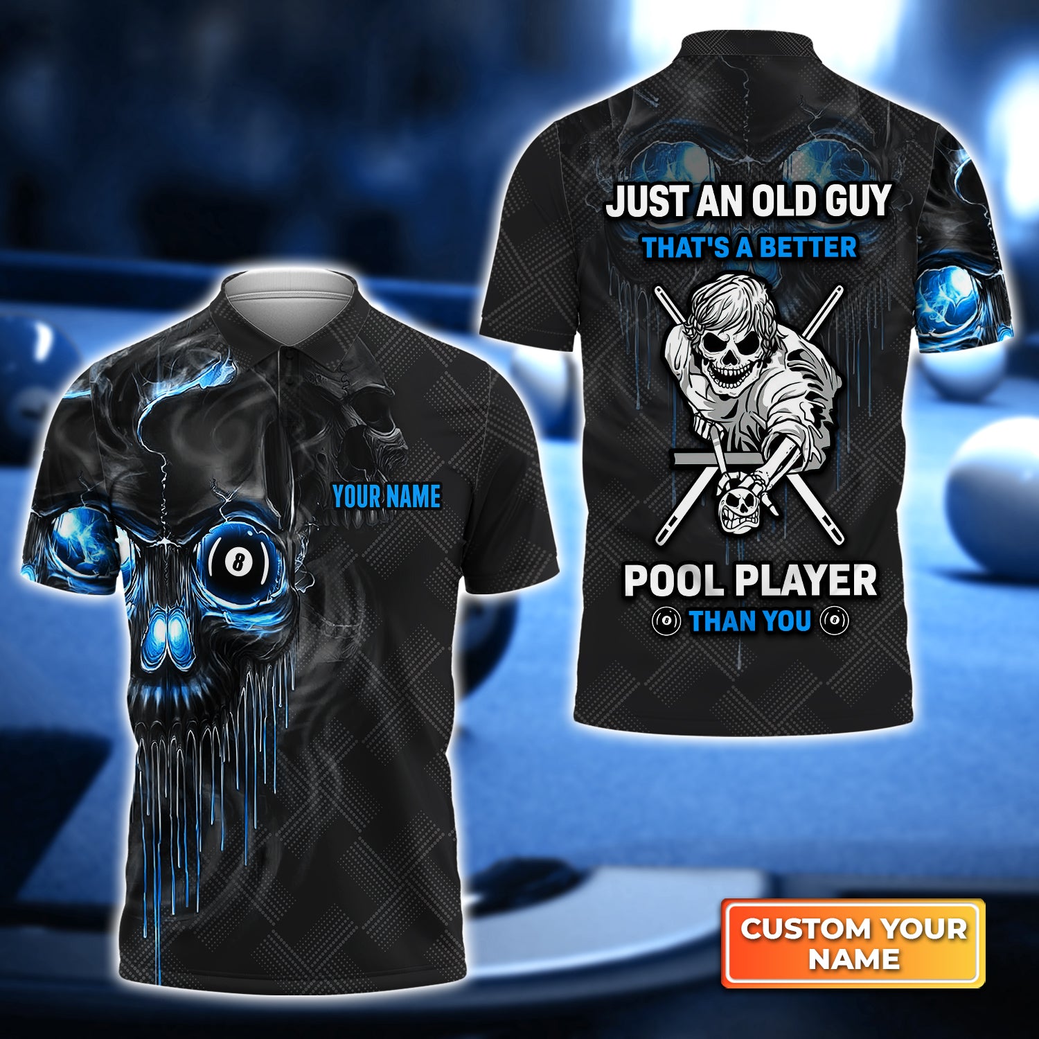 Just An Old Guy Thats A Better Pool Player Than You Personalized Name 3D Polo Shirt Gift For Billiard Players QB95