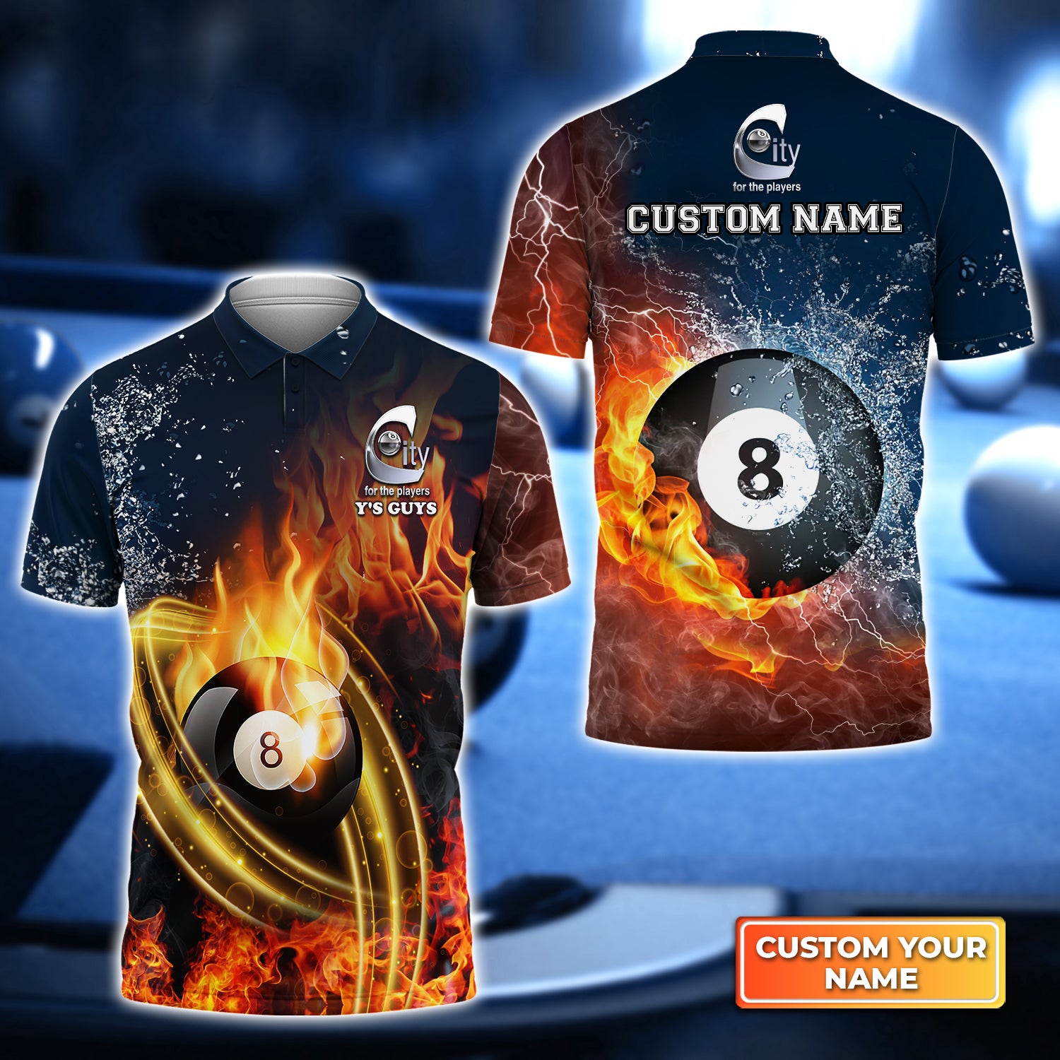 Y'S GUYS Team Pool 8 Ball On Fire Personalized Name 3D Polo Shirt Gift For Billiard Players QB95