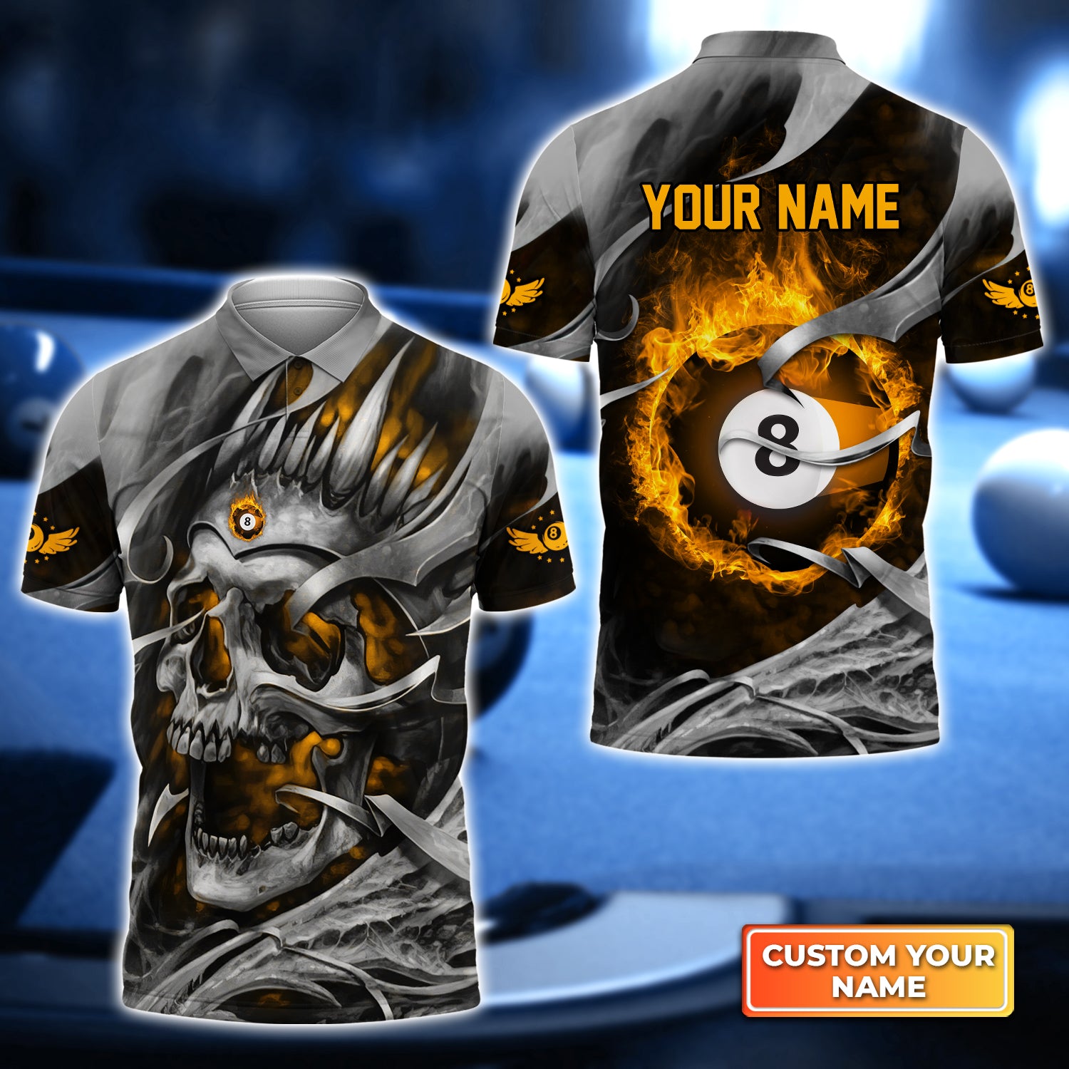 Yellow Skull Reaper Pool 8 Ball Personalized Name 3D Polo Shirt Gift For Billiard Players QB95