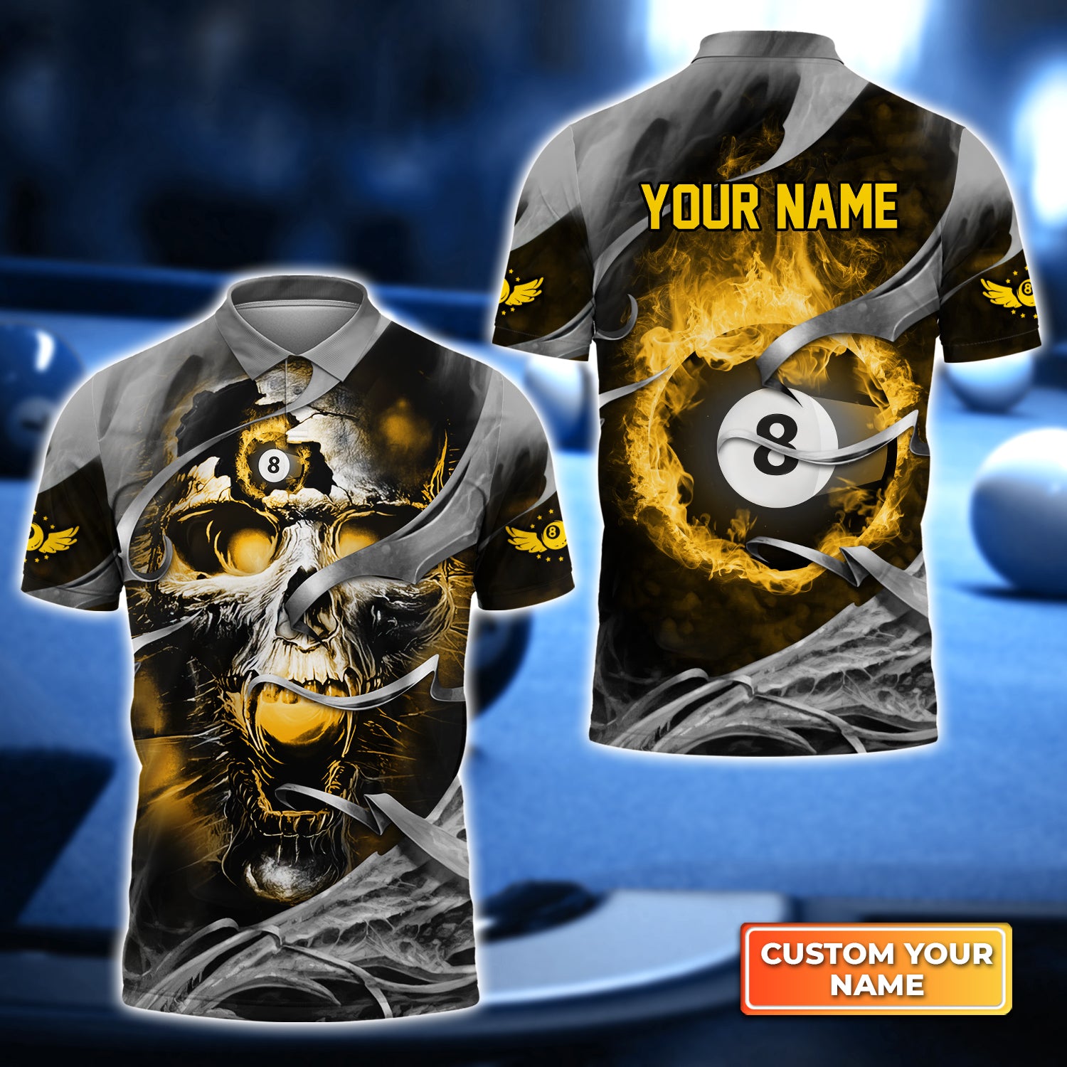 Billiard Pool 8 Ball Skull Reaper Yellow Fire On Metal Pattern  Personalized Name 3D Polo Shirt Gift For Billiard Players QB95