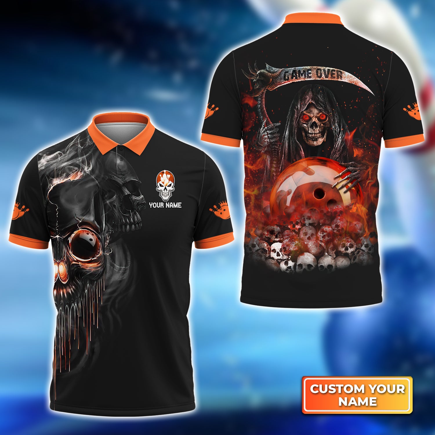 Orange Grim Reaper Bowling Personalized Name 3D Polo Shirt QB95 Gift For Bowler