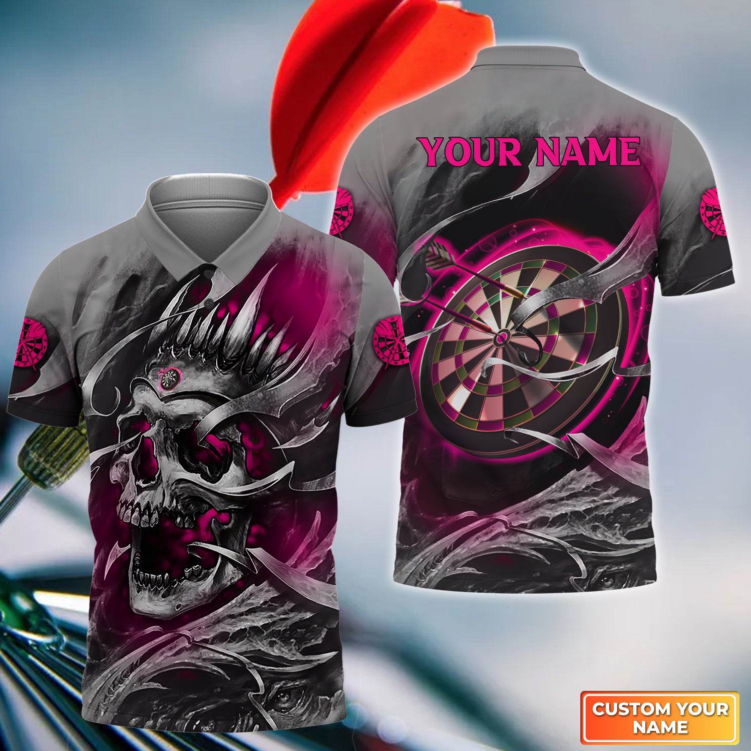 Pink Skull Dartboard Personalized Name 3D Skull And Darts Polo Shirt For Dart Team Player Tad