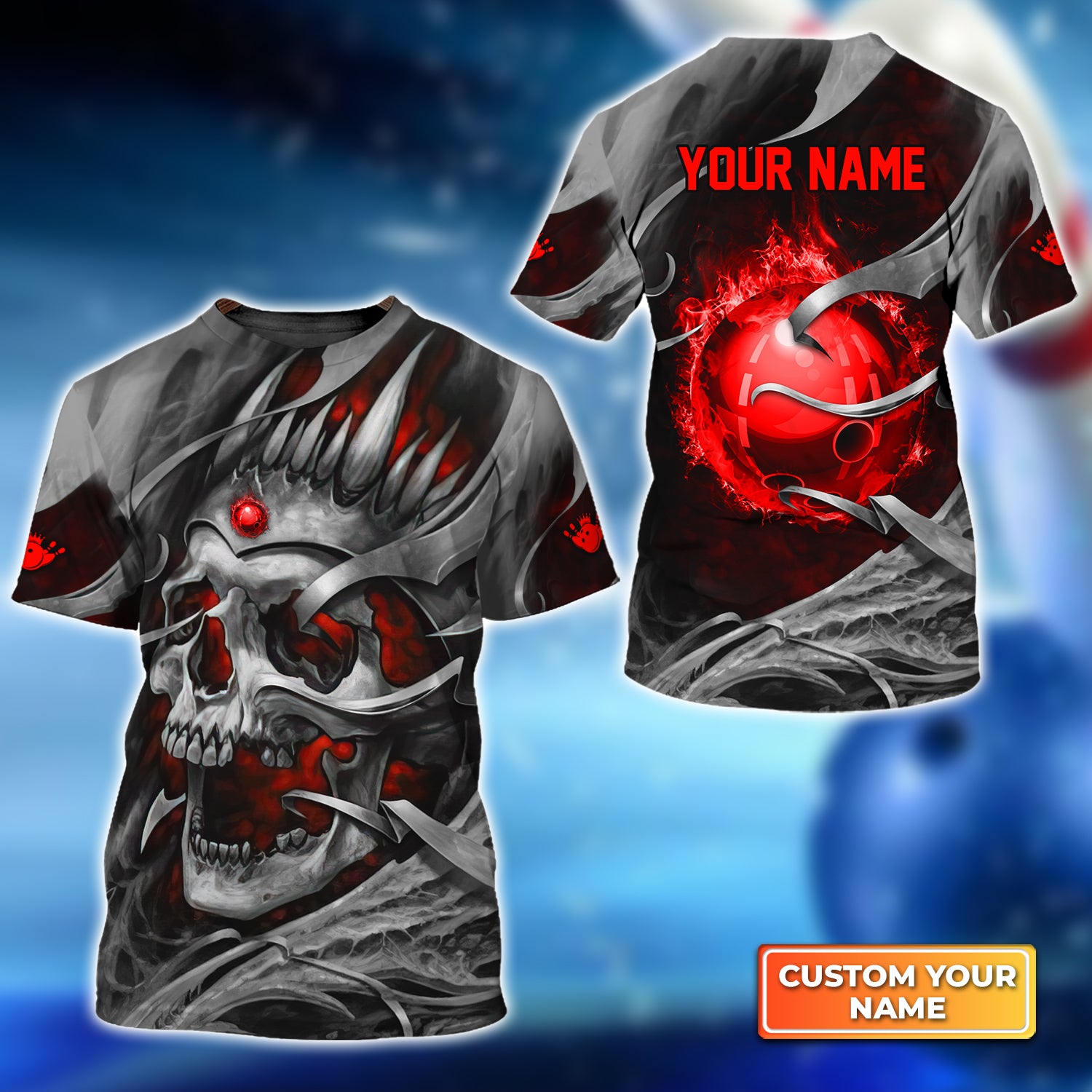 3D Personalized Skull Bowler T-Shirt Red Bowling Ball With Fire Flame Apparel Gift For Bowler