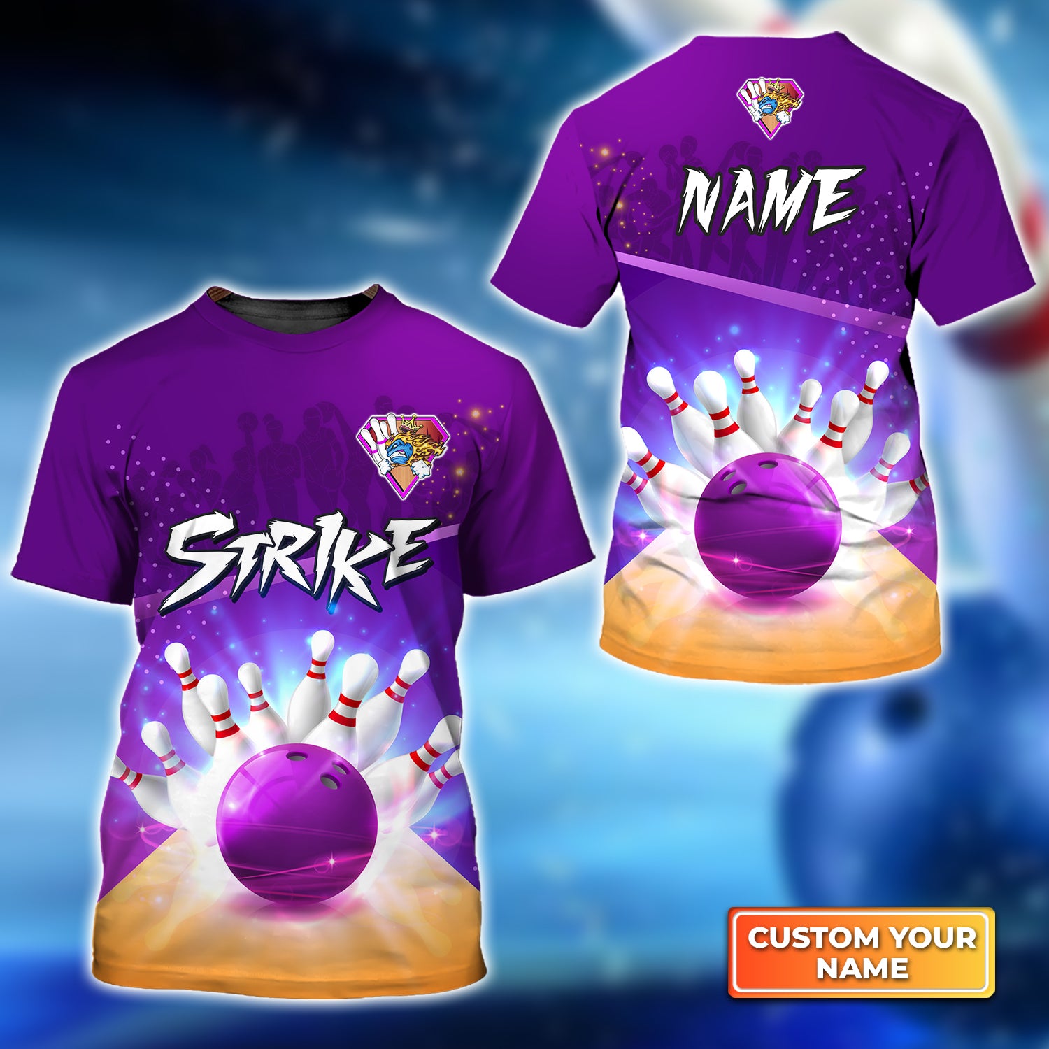 3D Customized Bowling Strike Pin And Purple Ball T-Shirt Gift For Bowlers